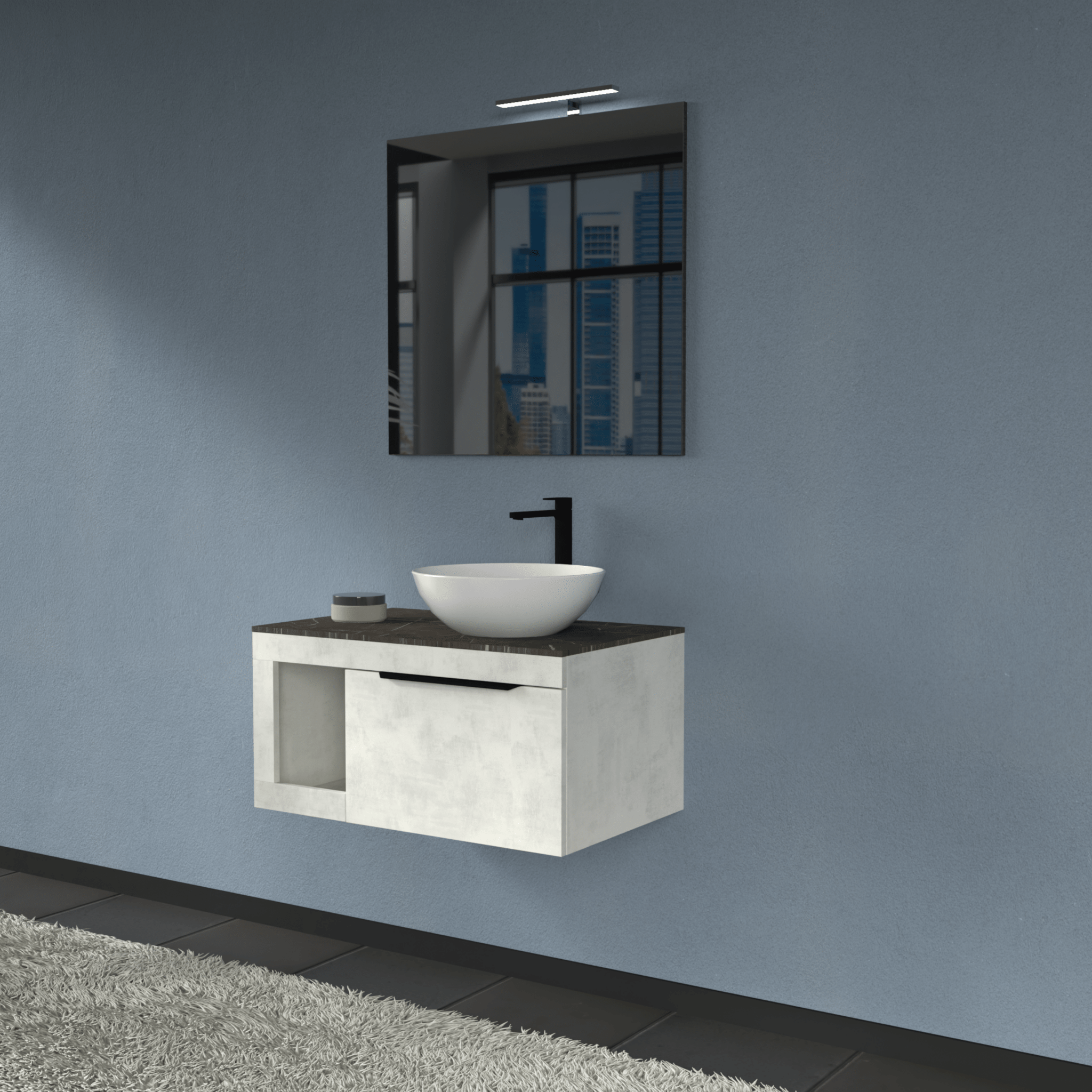 Mobile Bagno Sospeso 80 Cm Un Cassetto Con Vano a Giorno Specchio Con Lampada Led 70x80 Cm AdattoCasa "Lido" Grigio Cielo/Grigio Italia