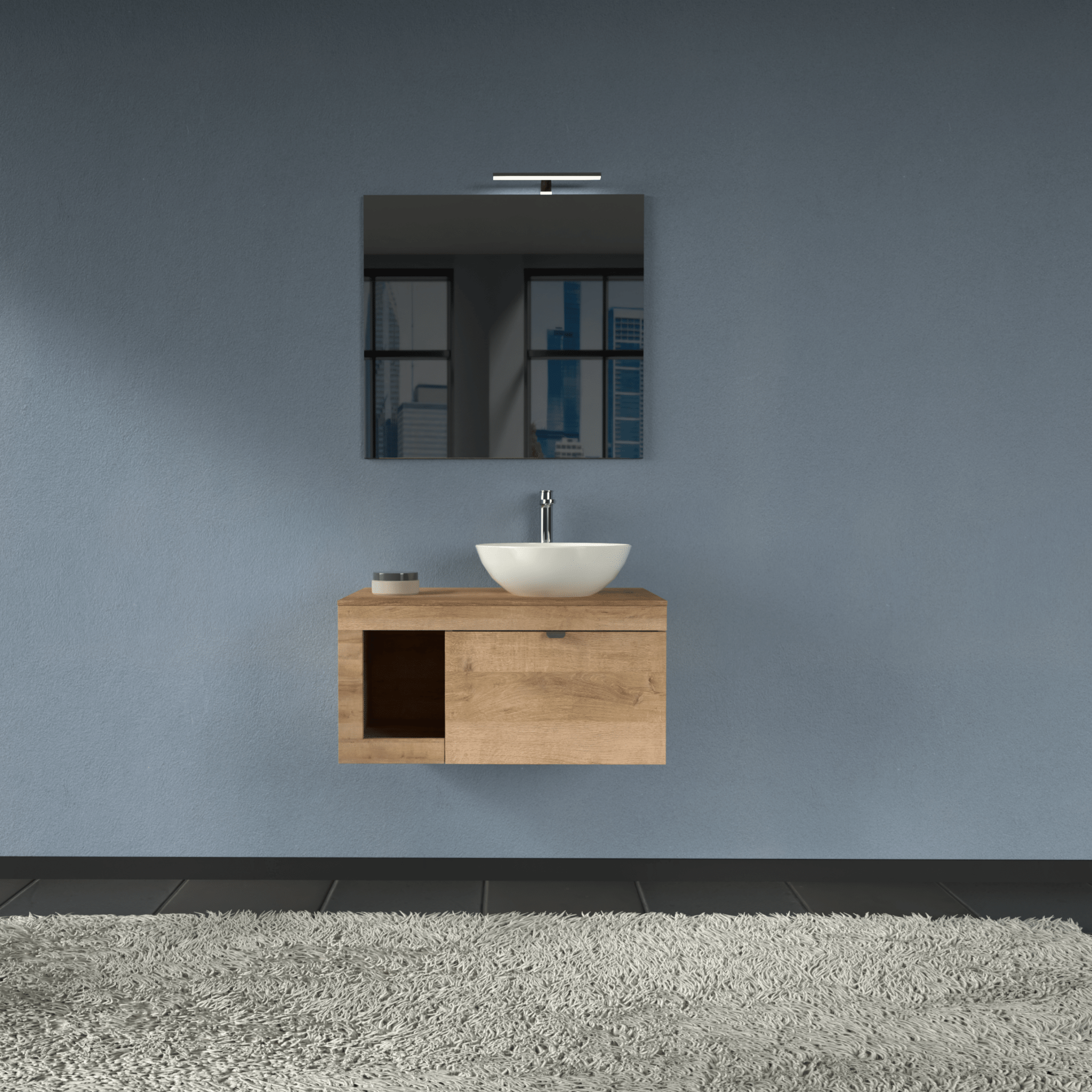 Mobile Bagno Sospeso 80 Cm Un Cassetto Con Vano a Giorno Specchio Con Lampada Led 70x80 Cm AdattoCasa "Lido" Rovere Farnia