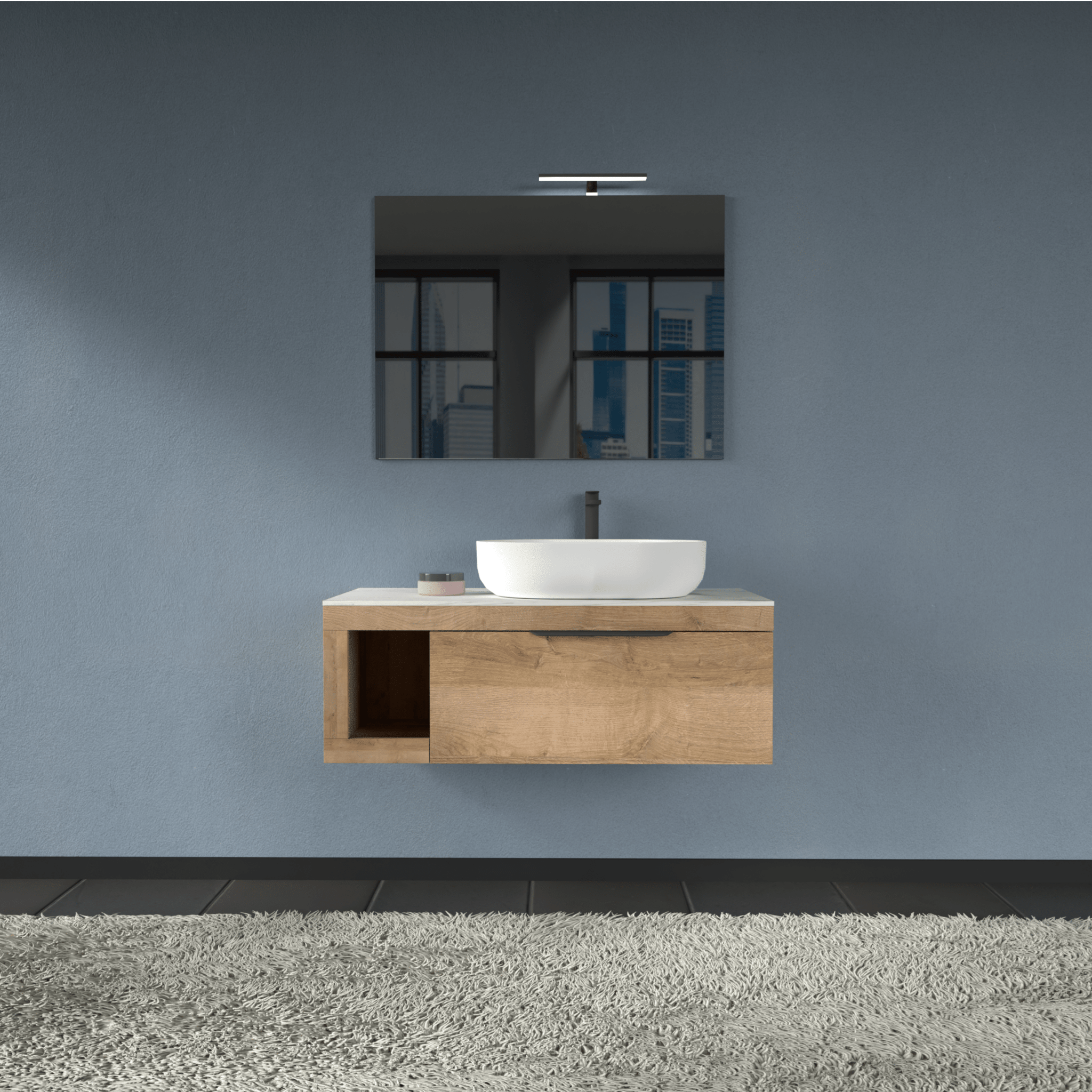 Mobile Bagno Sospeso 80 Cm Un Cassetto Con Vano a Giorno Specchio Con Lampada Led 70x80 Cm AdattoCasa "Lido" Rovere Farnia/Carrara