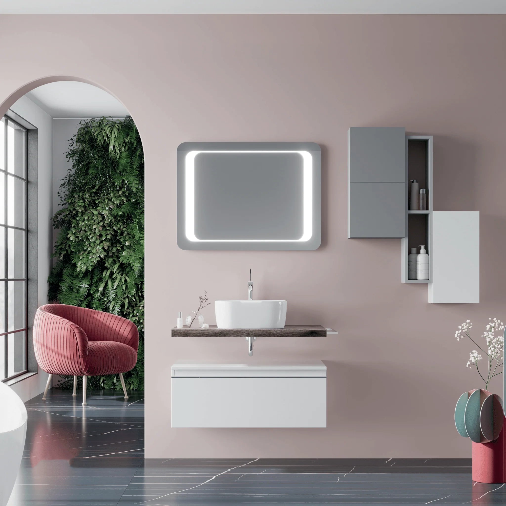 Mobile Bagno Sospeso 80 Cm Un Cassetto Specchio Con Illuminazione Led 80x60 Cm Savini Due "Linea"