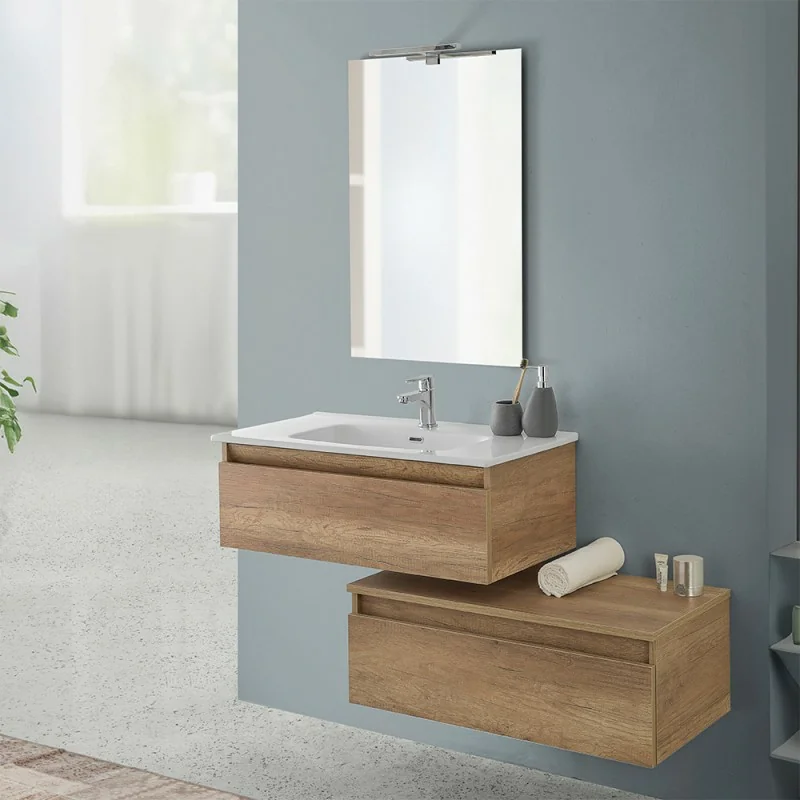 Mobile bagno sospeso 80 rovere naturale con base lavabo e cassetto Nadia