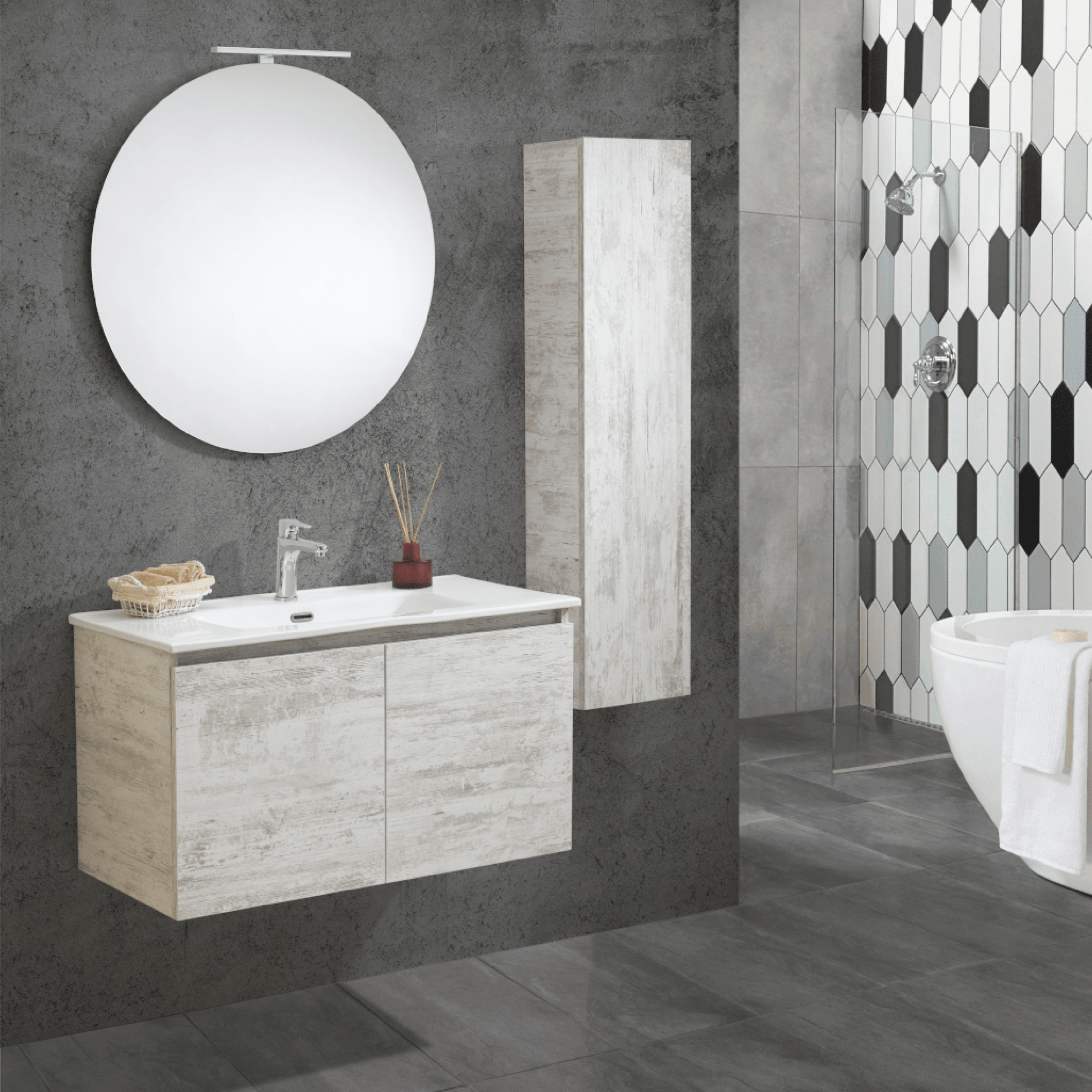 Mobile Bagno Sospeso 90 Cm Due Ante Specchio Tondo Filo Lucido Diametro 80 Cm Esseci Arredo Bagno "Vulcano Ante"