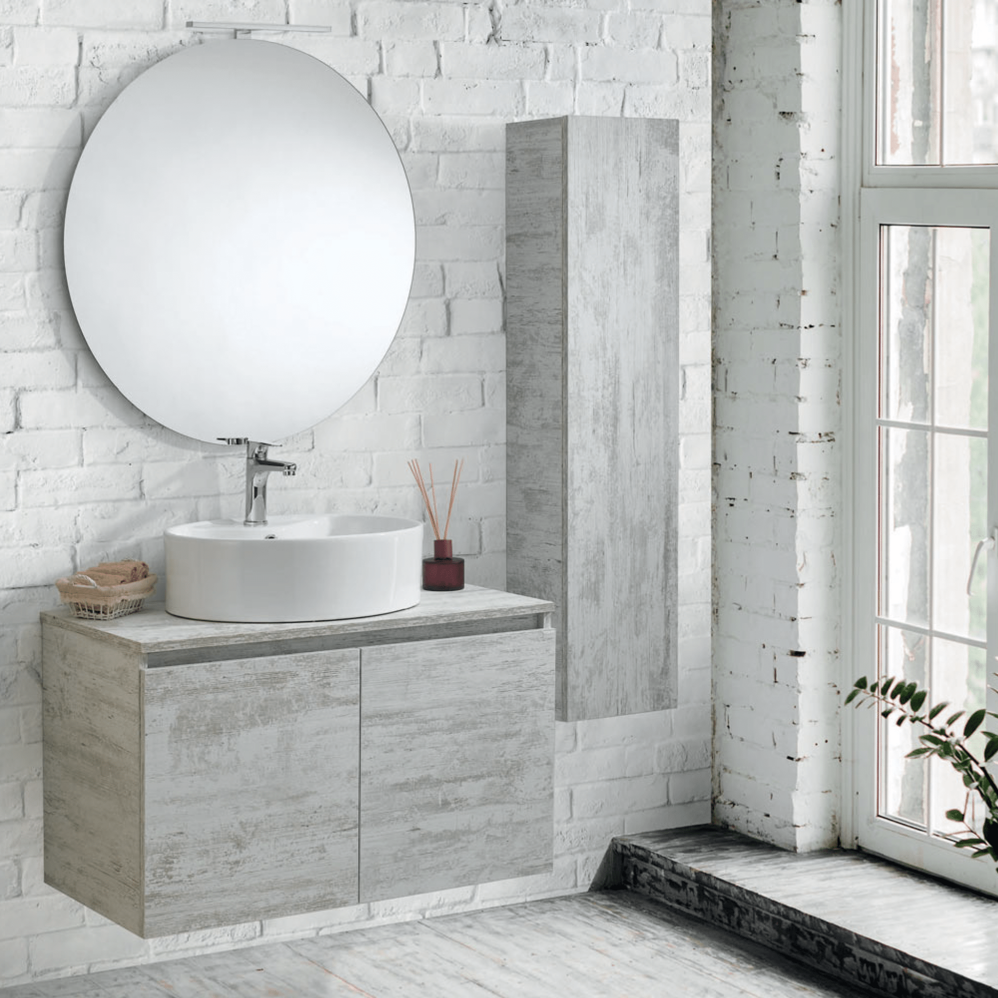 Mobile Bagno Sospeso 90 Cm Due Ante Specchio Ovale Filo Lucido Con Lampada Led Diametro 80 Cm Esseci Arredo Bagno "Vulcano Piano Ante"