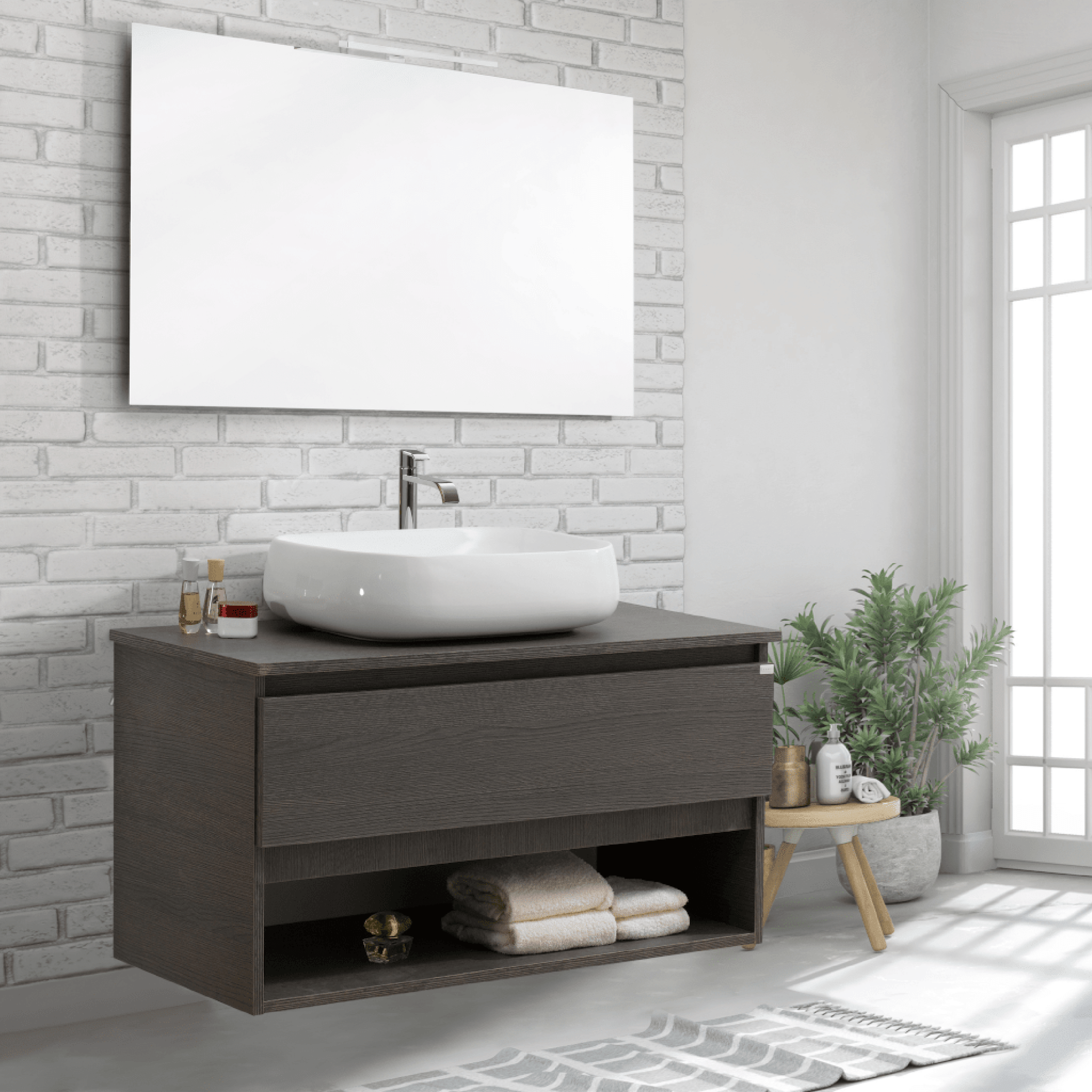 Mobile Bagno Sospeso 90 Cm Un Cassetto Con Vano a Giorno Specchio Con Lampada Led 90x70 Cm Esseci Arredo Bagno "Nerano"