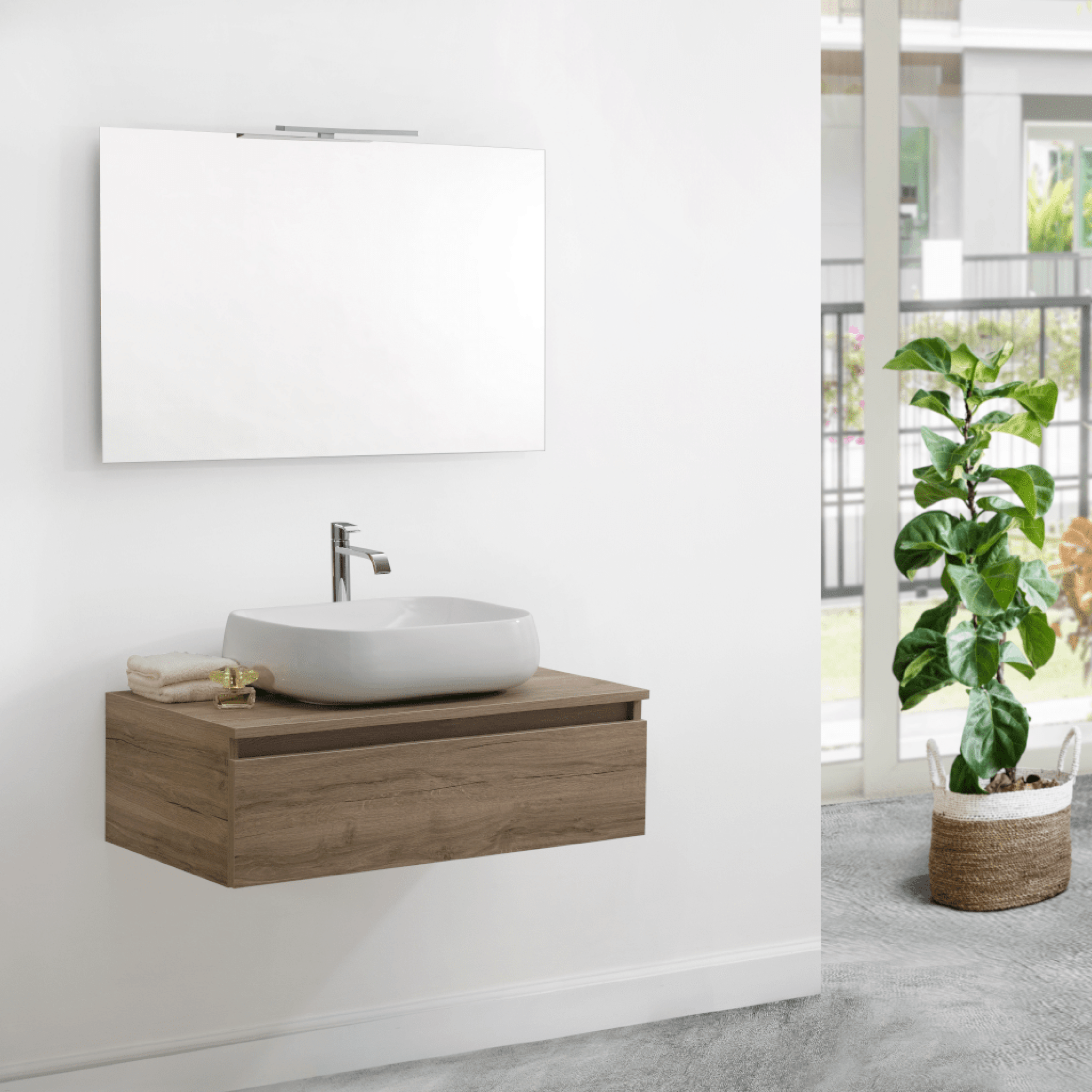 Mobile Bagno Sospeso 90 Cm Un Cassetto Specchio Filo Lucido Con Lampada Led 90x70 Cm Esseci Arredo Bagno "Ravello"