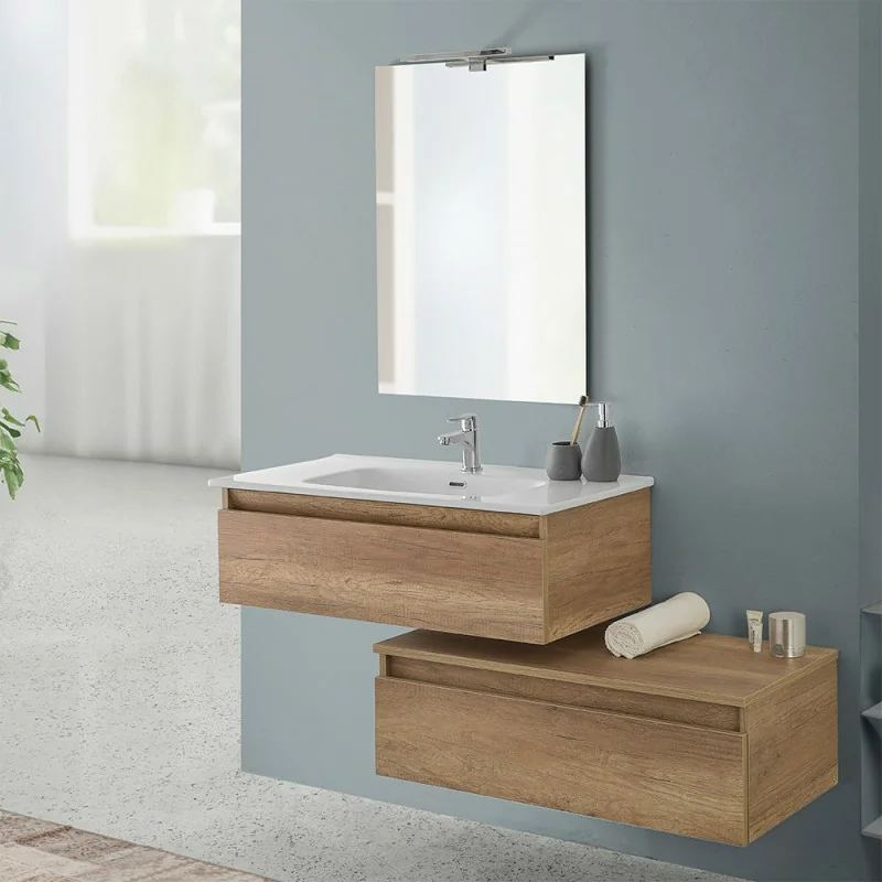 Mobile bagno sospeso 90 rovere naturale con base lavabo e cassetto Nadia