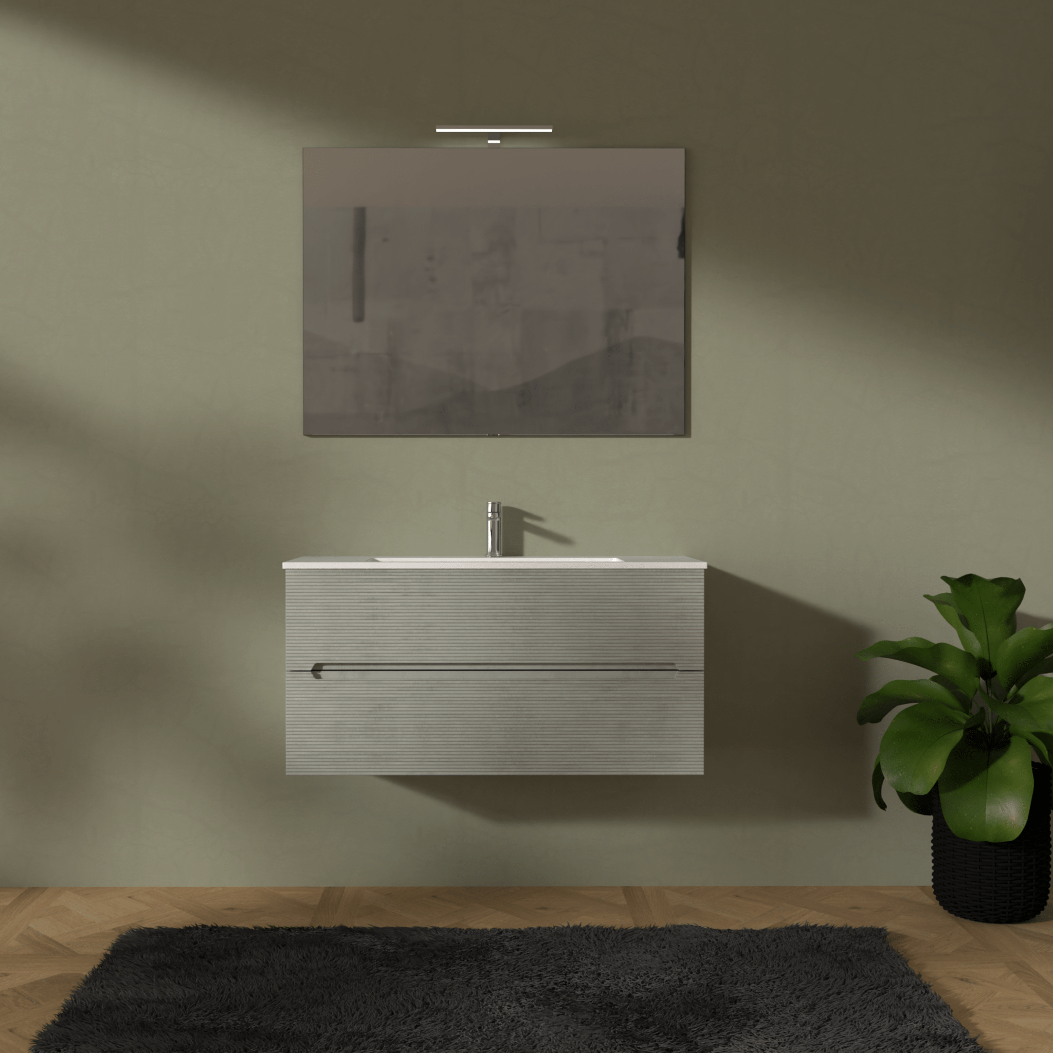 Mobile Bagno Sospeso Cannettato 100 Cm Due Cassetti Specchio Con Lampada Led 70x100 Cm AdattoCasa "Rigo" Grigio Caldo
