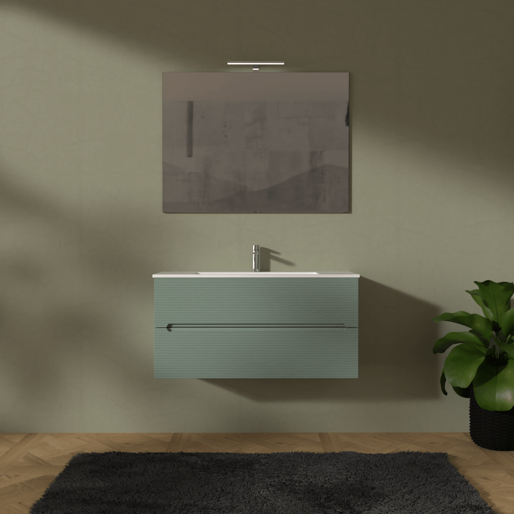 Mobile Bagno Sospeso Cannettato 100 Cm Due Cassetti Specchio Con Lampada Led 70x100 Cm AdattoCasa "Rigo" Verde Salvia
