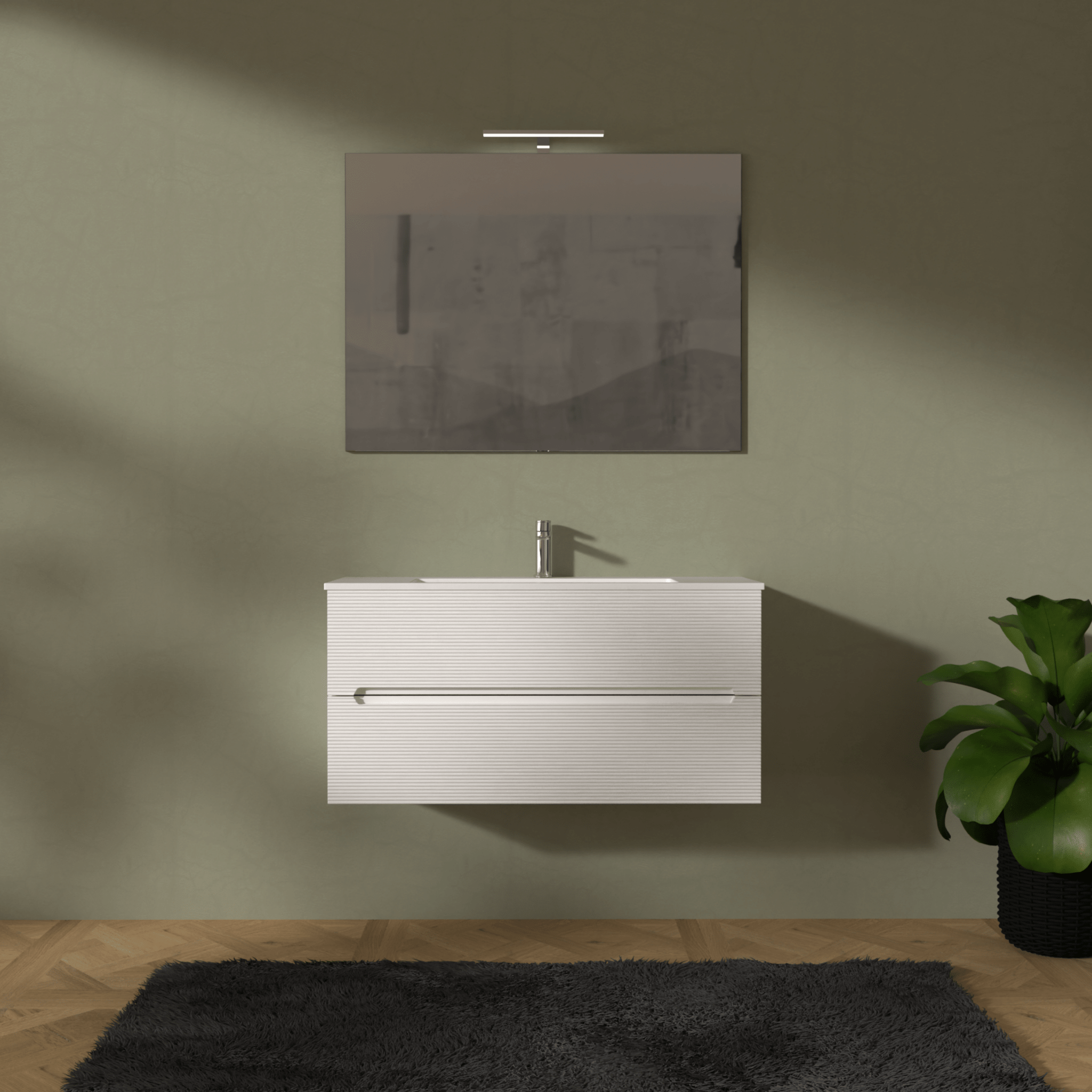 Mobile Bagno Sospeso Cannettato 100 Cm Due Cassetti Specchio Con Lampada Led 70x100 Cm AdattoCasa "Rigo" Bianco Neve