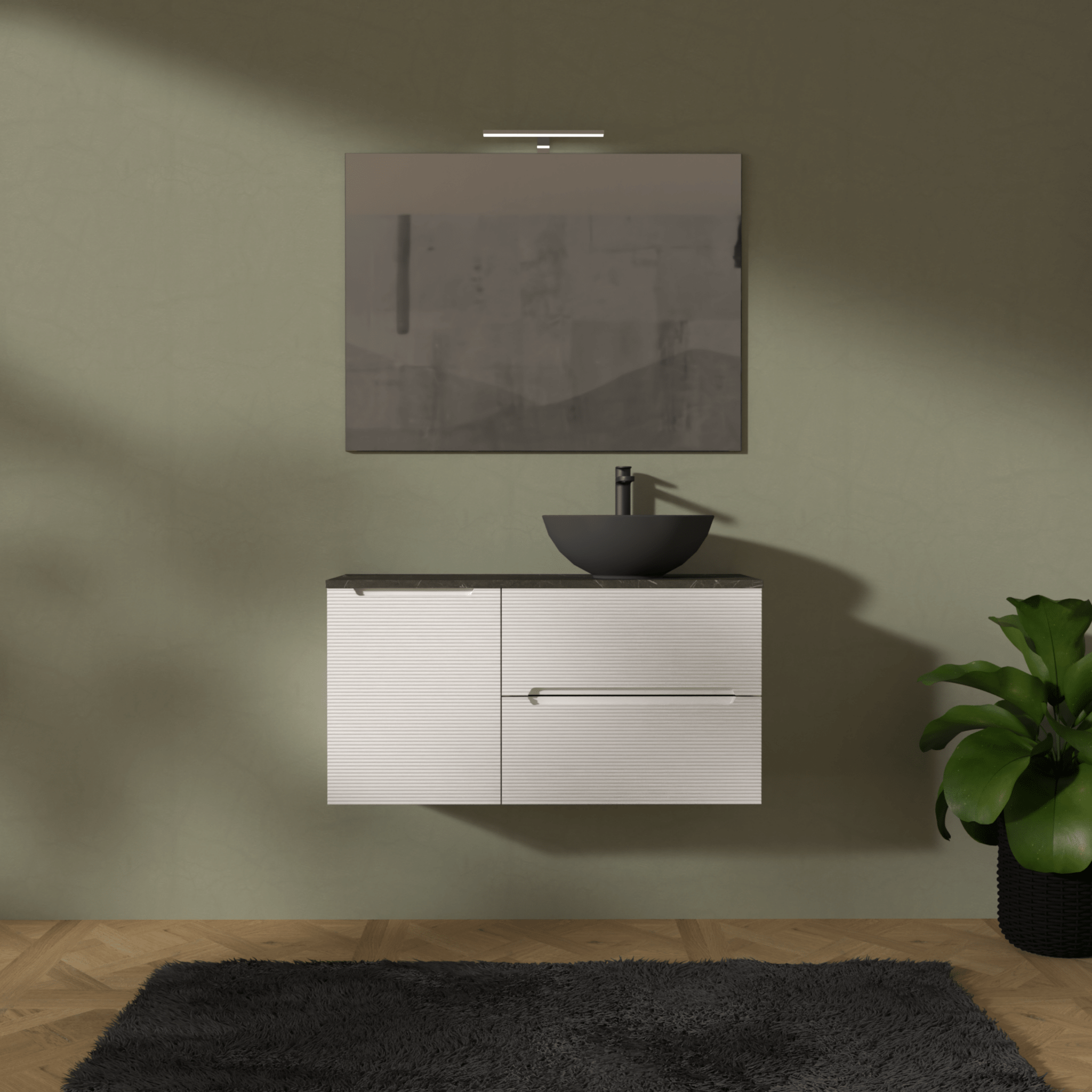 Mobile Bagno Sospeso Cannettato 100 Cm Due Cassetti Un'Anta e Top Specchio Con Lampada Led 70x100 Cm AdattoCasa "Rigo" Bianco Neve/Grigio Italia