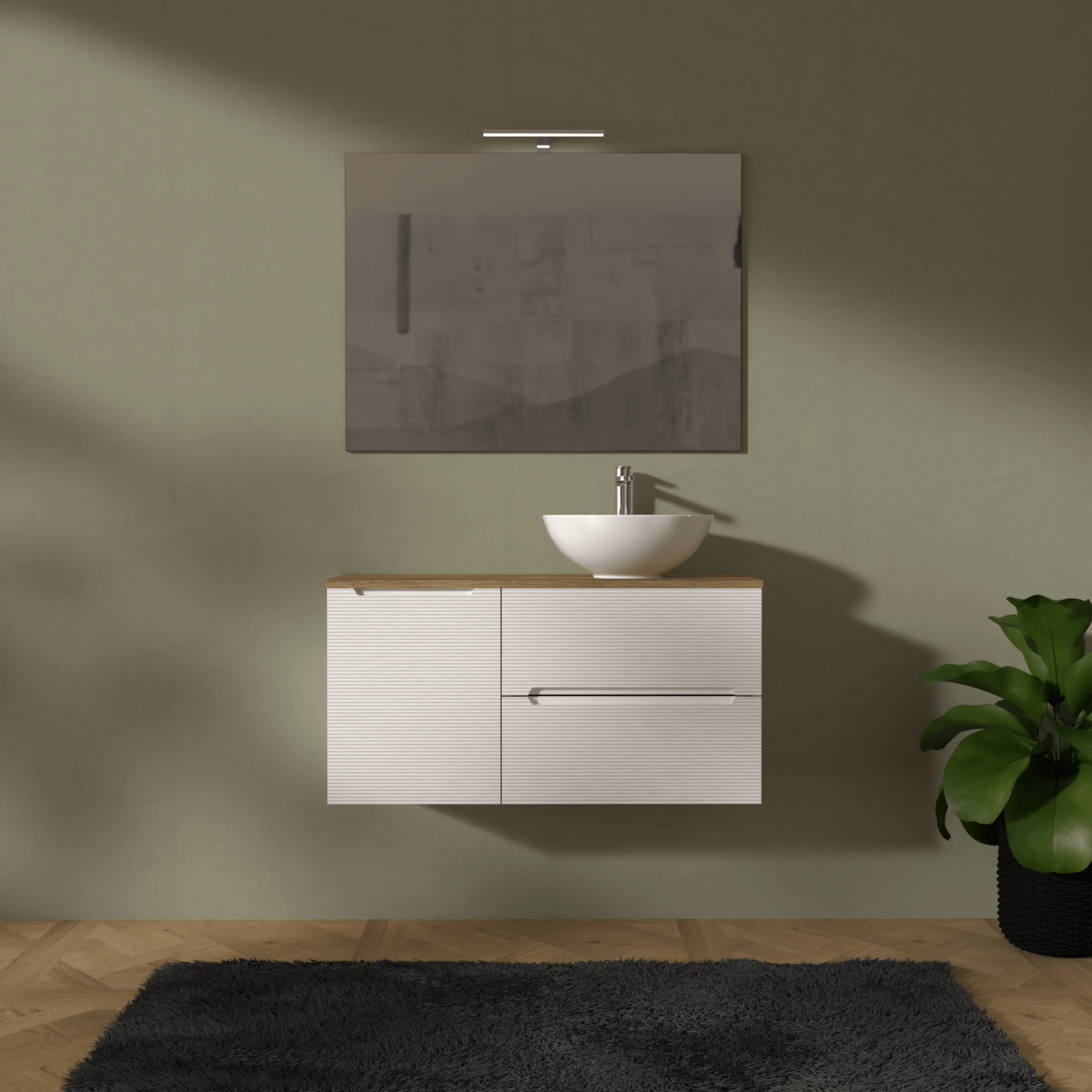 Mobile Bagno Sospeso Cannettato 100 Cm Due Cassetti Un'Anta e Top Specchio Con Lampada Led 70x100 Cm AdattoCasa "Rigo" Bianco Neve/Rovere Farnia