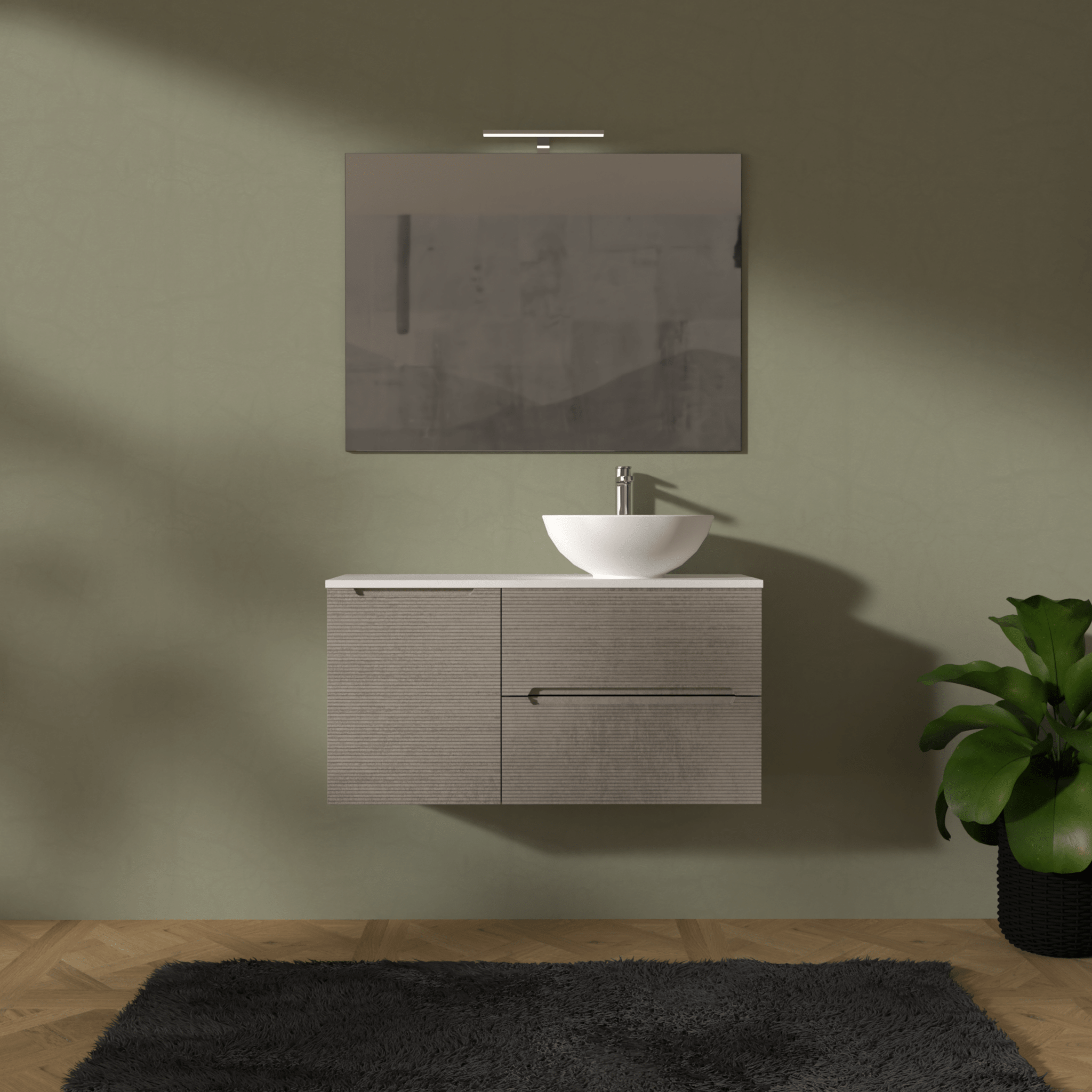 Mobile Bagno Sospeso Cannettato 100 Cm Due Cassetti Un'Anta e Top Specchio Con Lampada Led 70x100 Cm AdattoCasa "Rigo" Grigio Caldo/Bianco Neve
