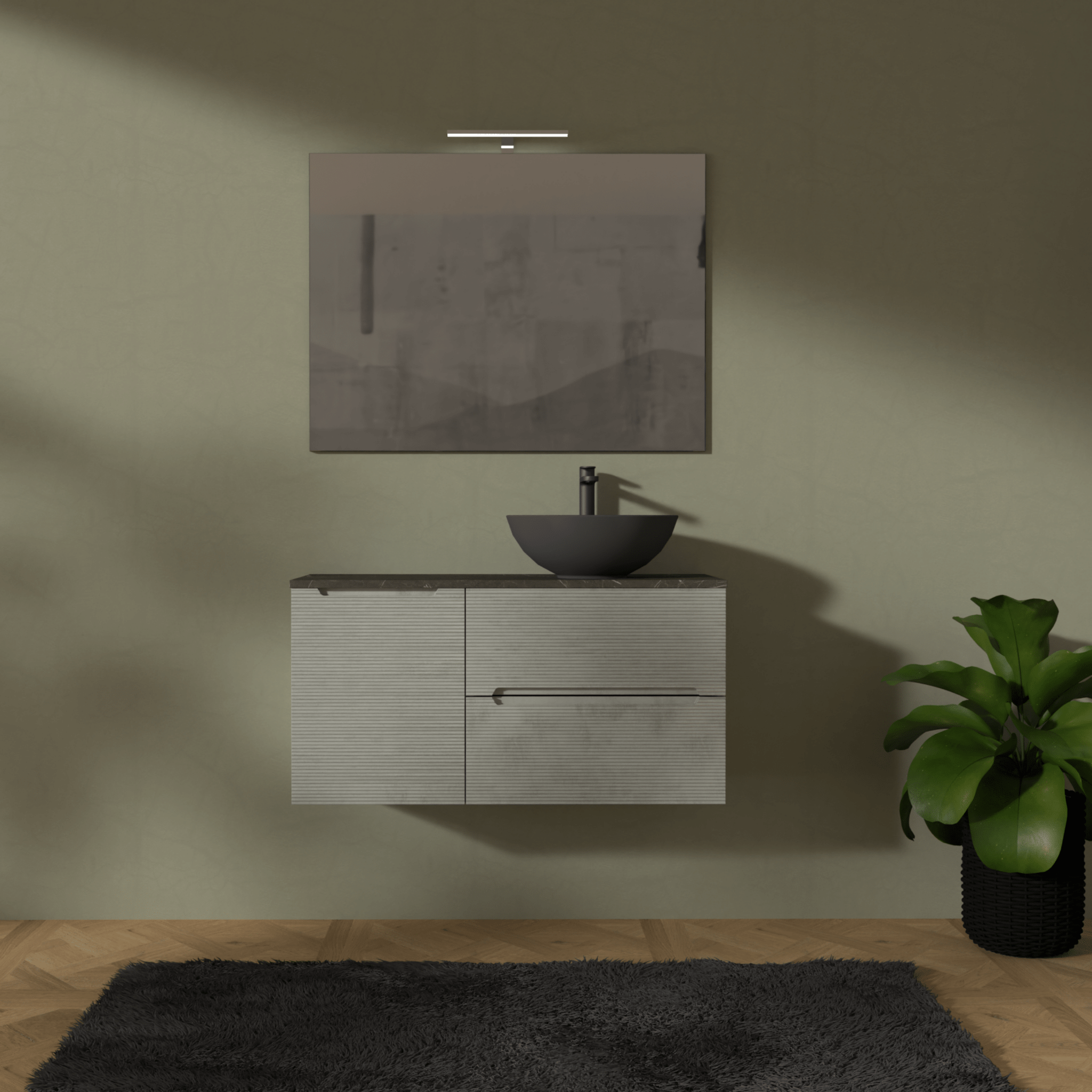 Mobile Bagno Sospeso Cannettato 100 Cm Due Cassetti Un'Anta e Top Specchio Con Lampada Led 70x100 Cm AdattoCasa "Rigo" Grigio Caldo/Grigio Italia