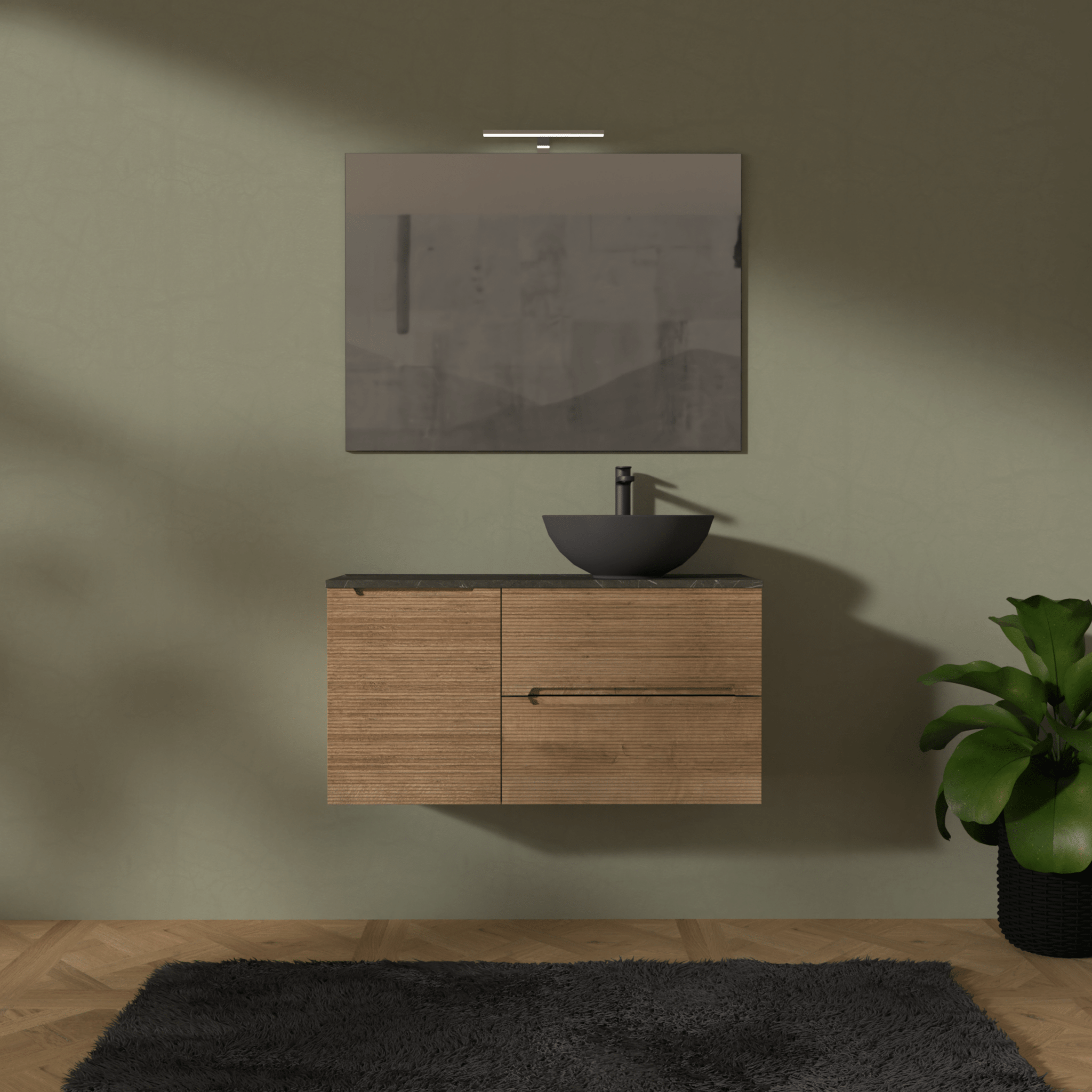 Mobile Bagno Sospeso Cannettato 100 Cm Due Cassetti Un'Anta e Top Specchio Con Lampada Led 70x100 Cm AdattoCasa "Rigo" Rovere Farnia/Grigio Italia