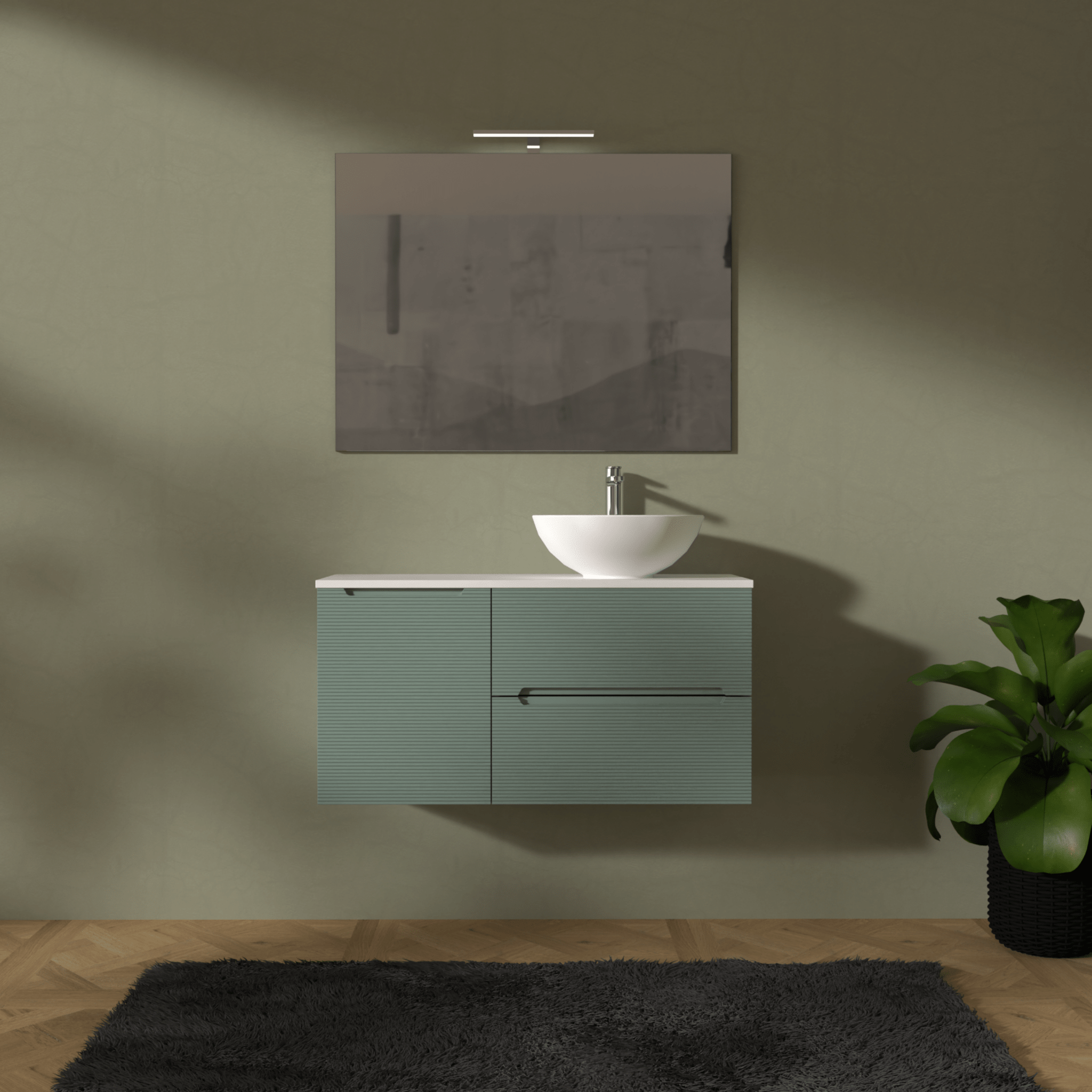 Mobile Bagno Sospeso Cannettato 100 Cm Due Cassetti Un'Anta e Top Specchio Con Lampada Led 70x100 Cm AdattoCasa "Rigo" Verde Salvia/Bianco Neve