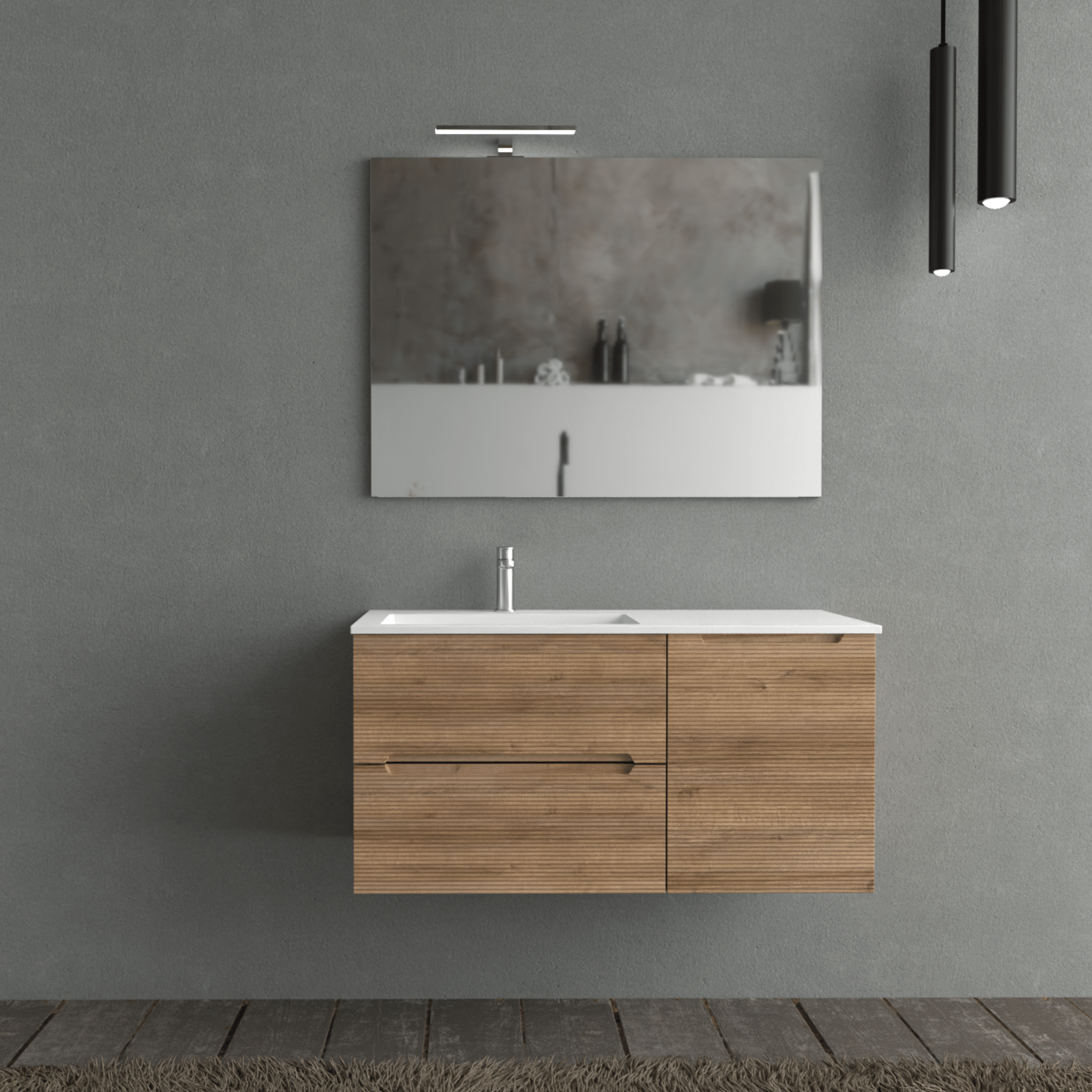 Mobile Bagno Sospeso Cannettato 100 Cm Due Cassetti Un'Anta Lavabo a Sx Specchio Con Lampada Led 70x100 Cm AdattoCasa "Rigo" Rovere Farnia/Bianco Lucido