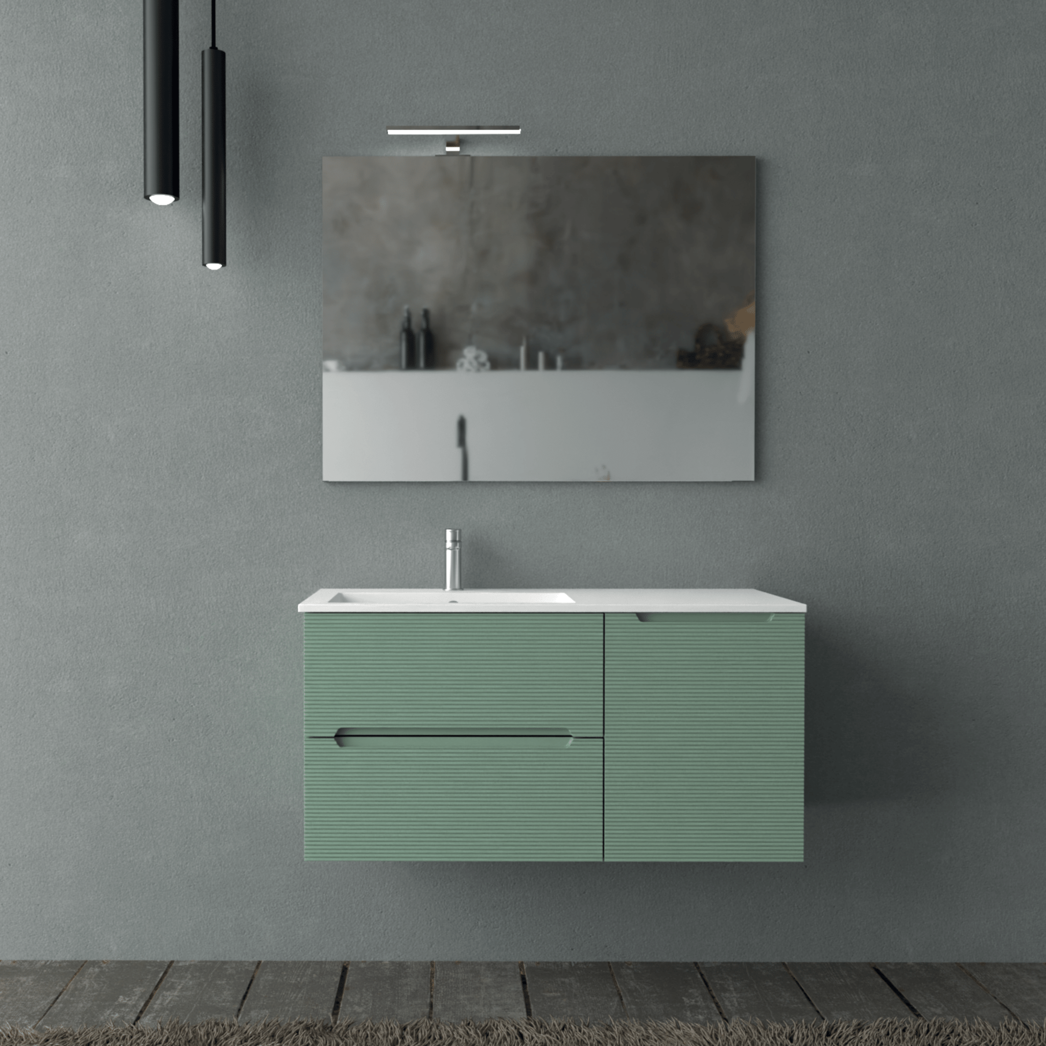 Mobile Bagno Sospeso Cannettato 100 Cm Due Cassetti Un'Anta Lavabo a Sx Specchio Con Lampada Led 70x100 Cm AdattoCasa "Rigo" Verde Salvia/Bianco Lucido