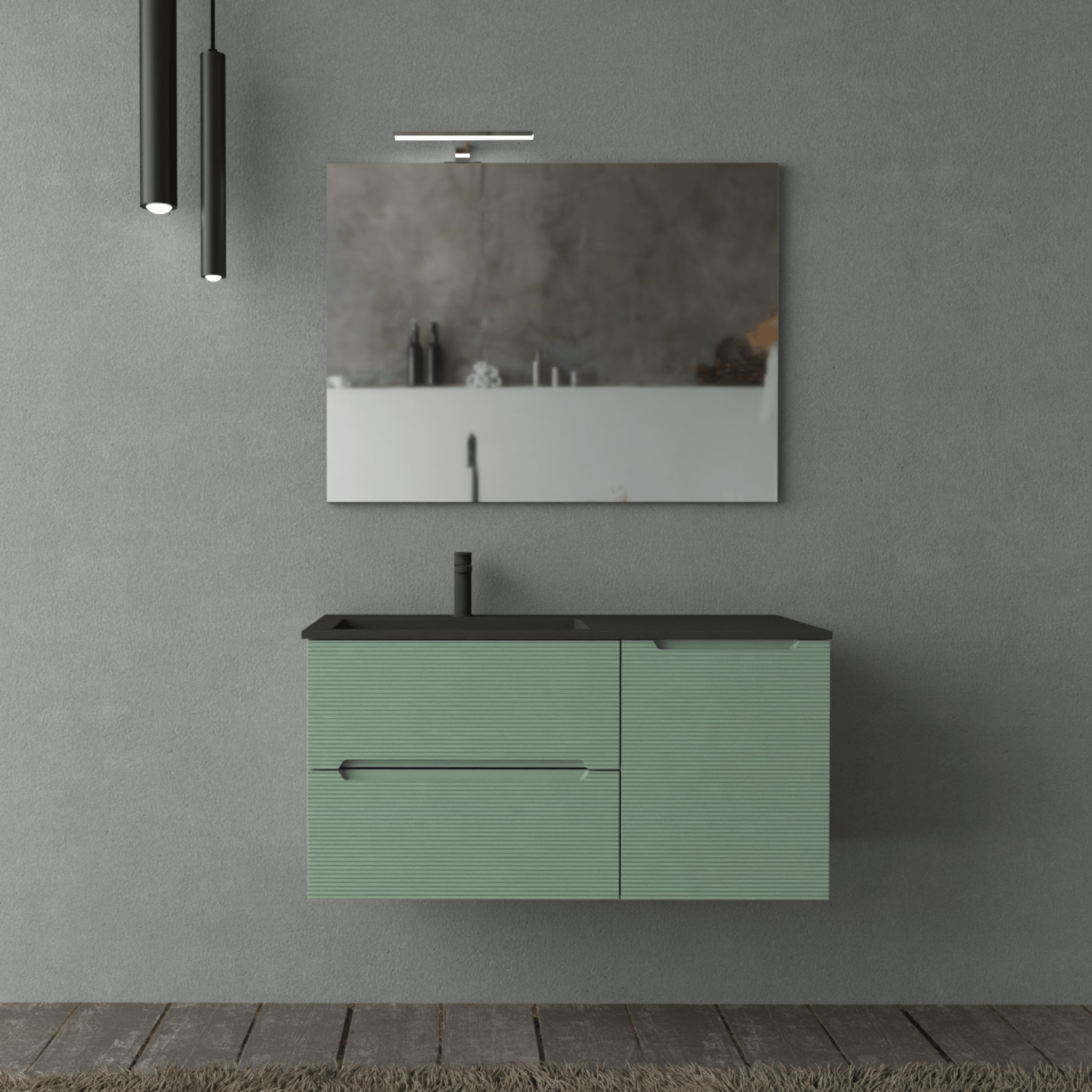 Mobile Bagno Sospeso Cannettato 100 Cm Due Cassetti Un'Anta Lavabo a Sx Specchio Con Lampada Led 70x100 Cm AdattoCasa "Rigo" Verde Salvia/Nero Opaco