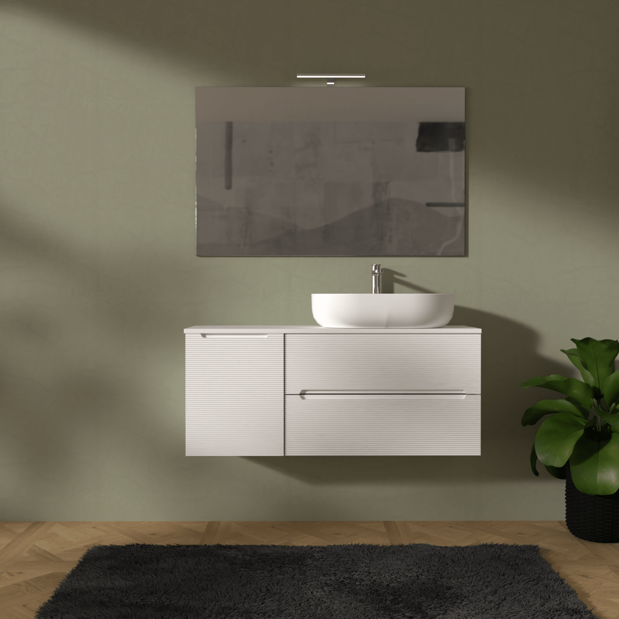 Mobile Bagno Sospeso Cannettato 120 Cm Due Cassetti Un'Anta e Top Specchio Con Lampada Led 70x120 Cm AdattoCasa "Rigo" Bianco Neve