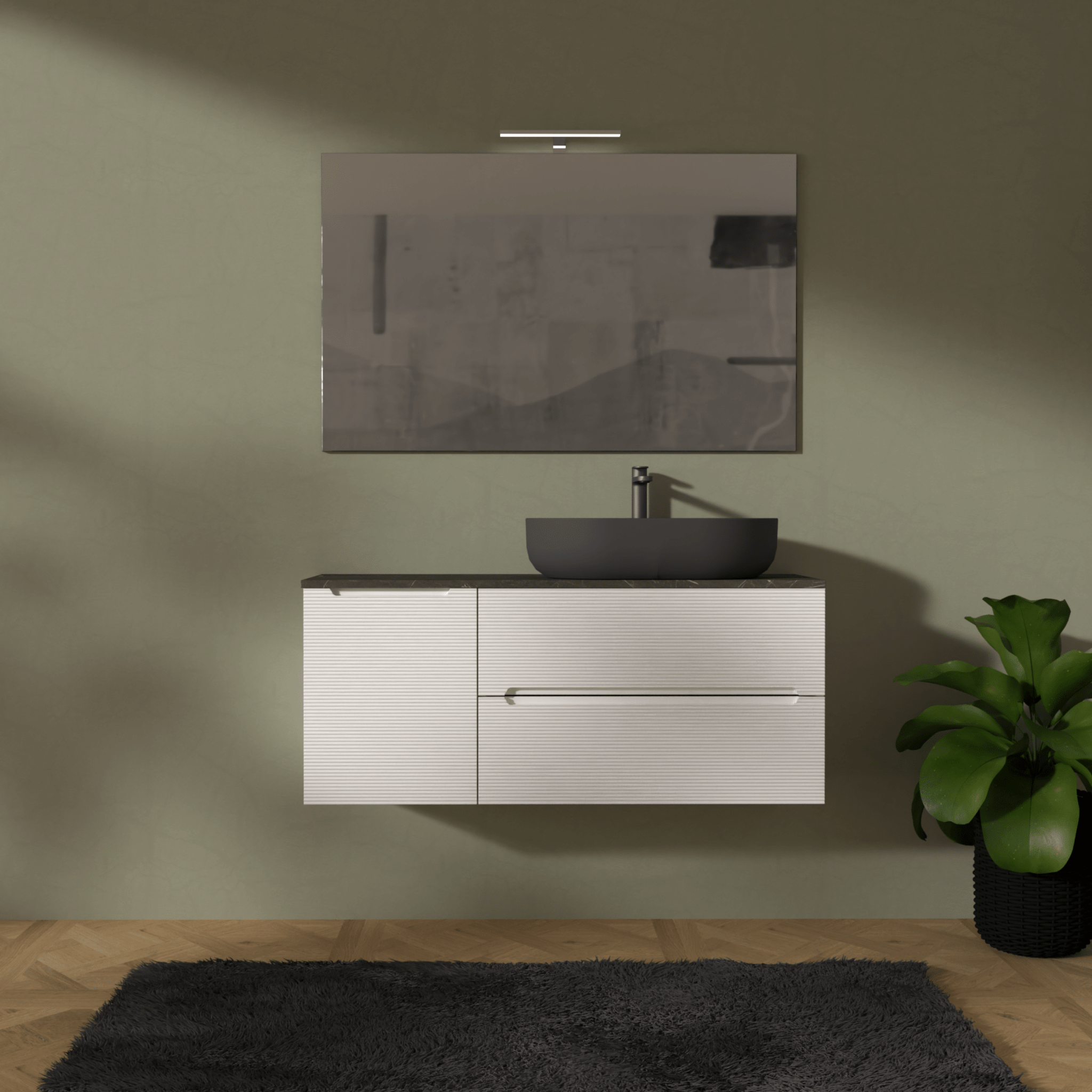 Mobile Bagno Sospeso Cannettato 120 Cm Due Cassetti Un'Anta e Top Specchio Con Lampada Led 70x120 Cm AdattoCasa "Rigo" Bianco Neve/Grigio Italia