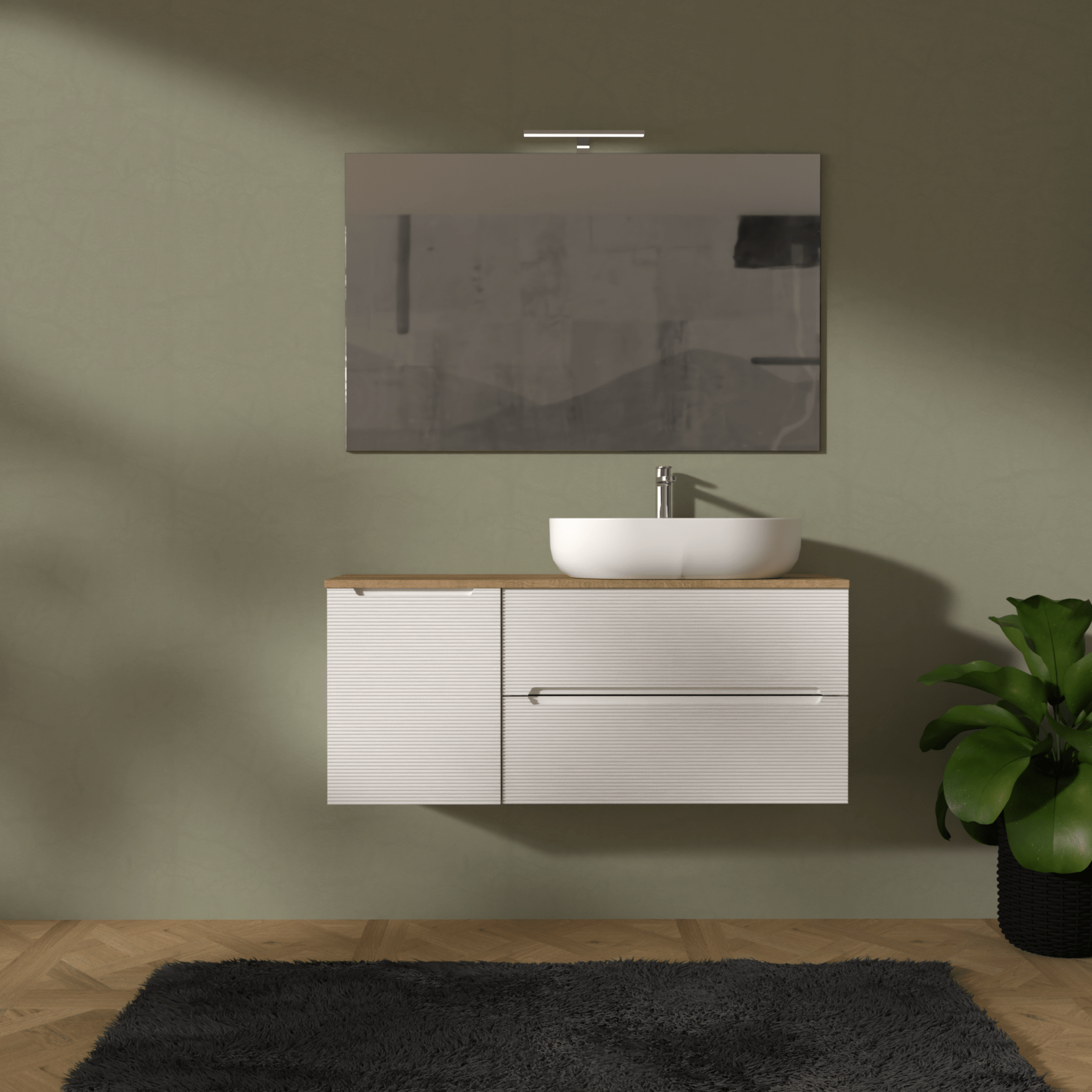 Mobile Bagno Sospeso Cannettato 120 Cm Due Cassetti Un'Anta e Top Specchio Con Lampada Led 70x120 Cm AdattoCasa "Rigo" Bianco Neve/Rovere Farnia