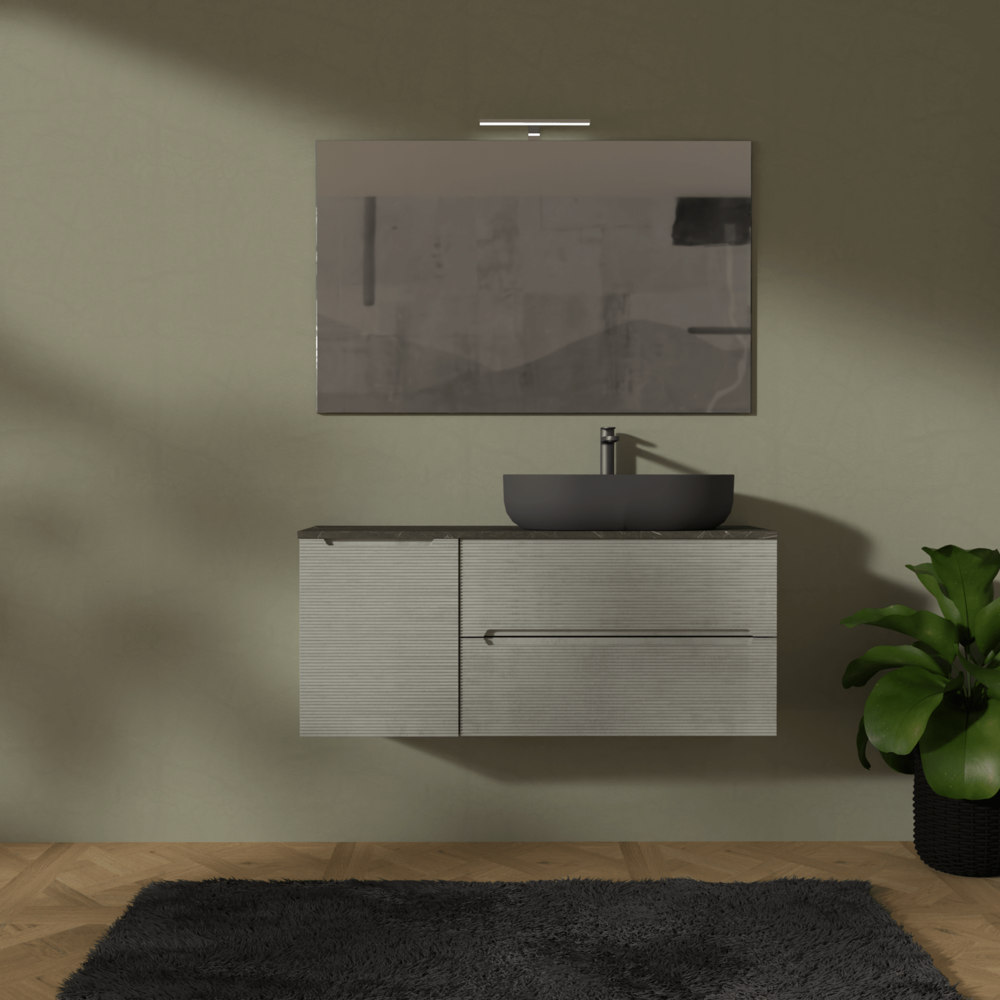 Mobile Bagno Sospeso Cannettato 120 Cm Due Cassetti Un'Anta e Top Specchio Con Lampada Led 70x120 Cm AdattoCasa "Rigo" Grigio Caldo/Grigio Italia
