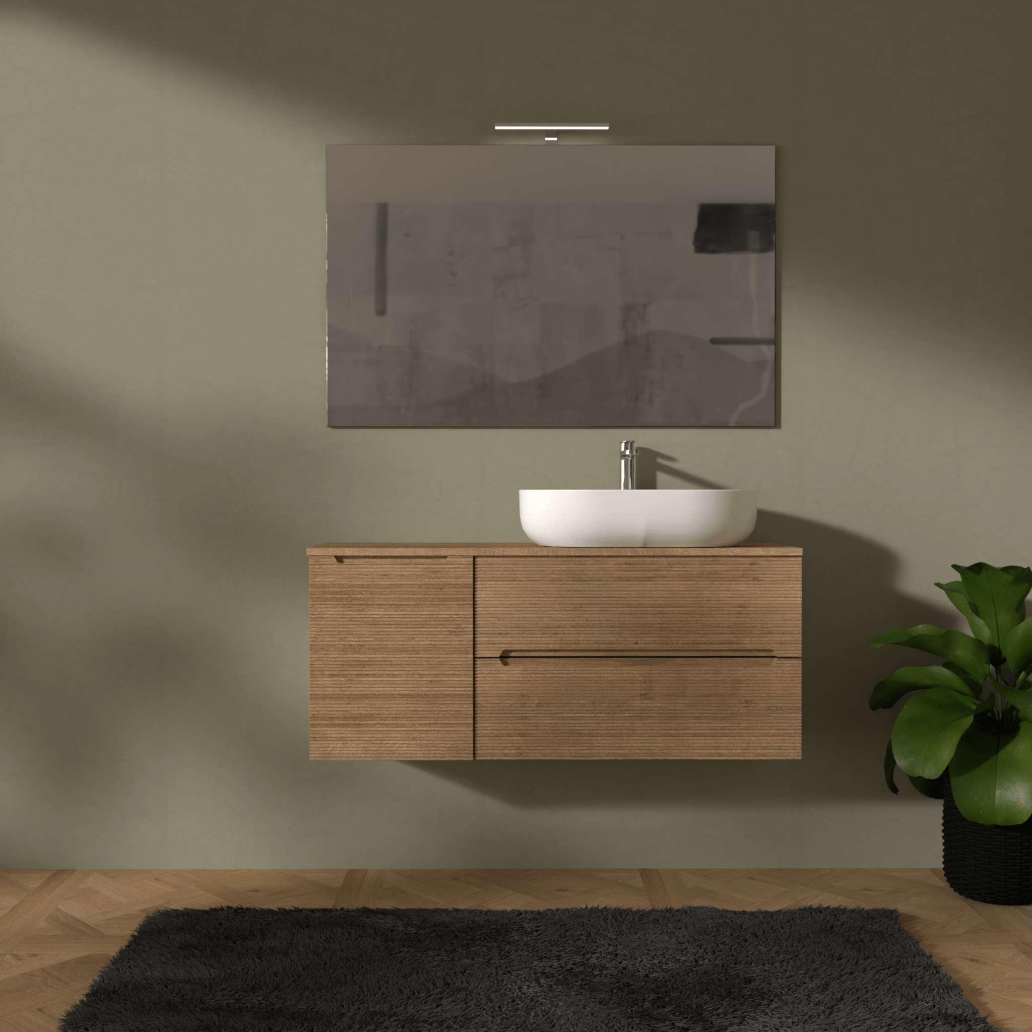 Mobile Bagno Sospeso Cannettato 120 Cm Due Cassetti Un'Anta e Top Specchio Con Lampada Led 70x120 Cm AdattoCasa "Rigo" Rovere Farnia