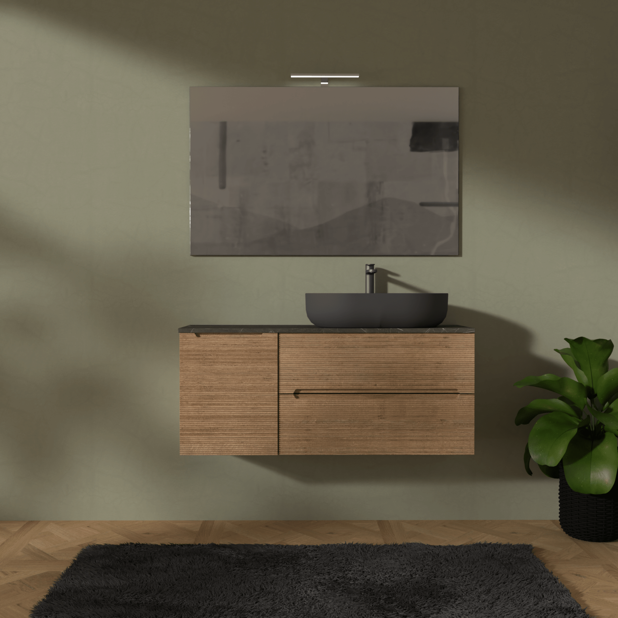 Mobile Bagno Sospeso Cannettato 120 Cm Due Cassetti Un'Anta e Top Specchio Con Lampada Led 70x120 Cm AdattoCasa "Rigo" Rovere Farnia/Grigio Italia