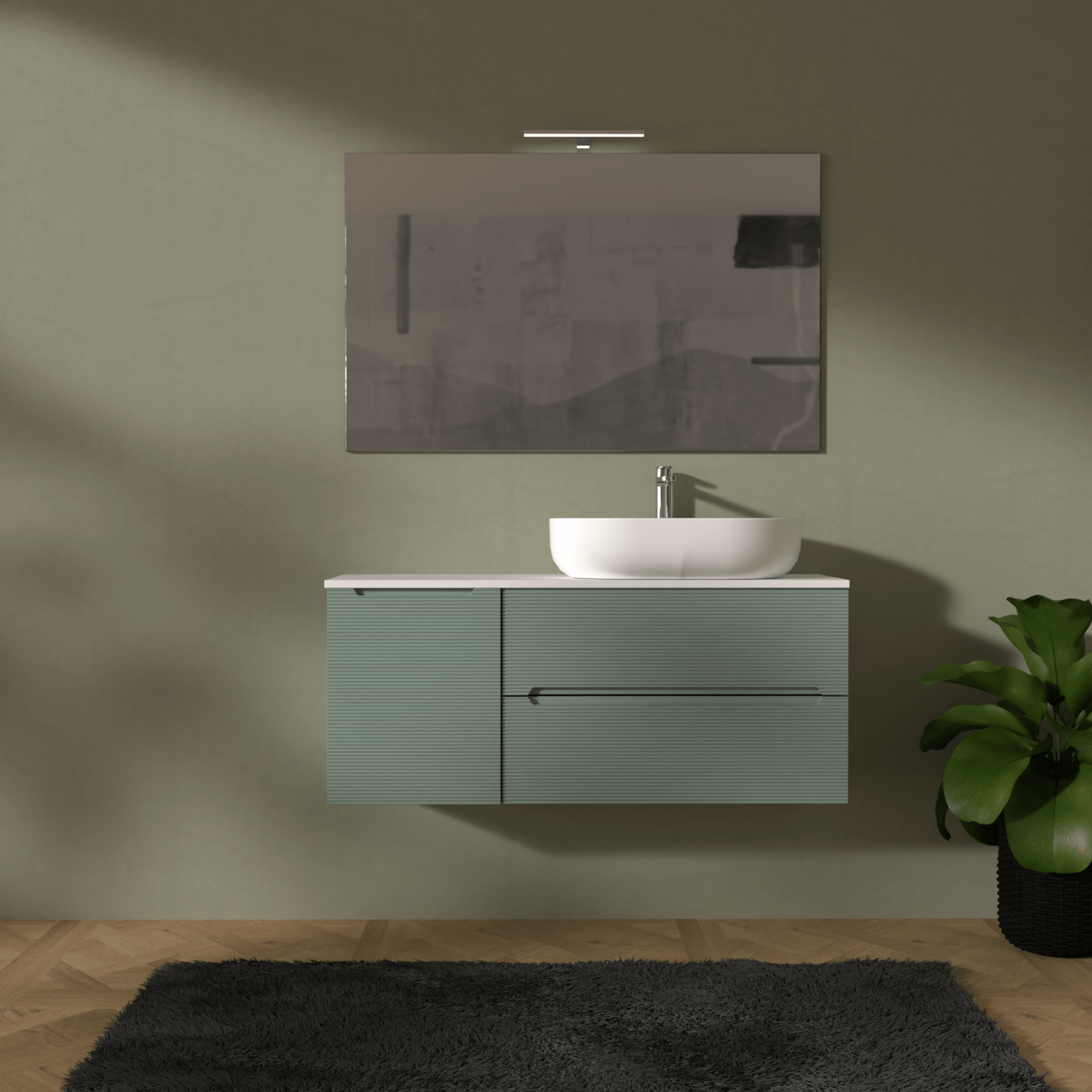 Mobile Bagno Sospeso Cannettato 120 Cm Due Cassetti Un'Anta e Top Specchio Con Lampada Led 70x120 Cm AdattoCasa "Rigo" Verde Salvia/Bianco Neve
