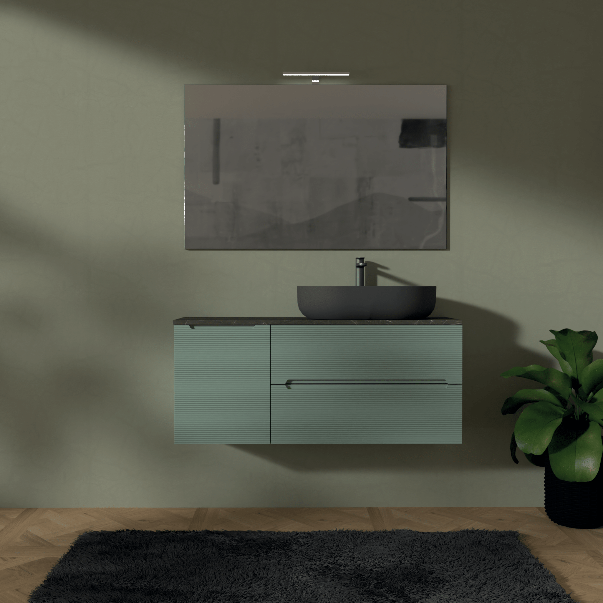 Mobile Bagno Sospeso Cannettato 120 Cm Due Cassetti Un'Anta e Top Specchio Con Lampada Led 70x120 Cm AdattoCasa "Rigo" Verde Salvia/Grigio Italia