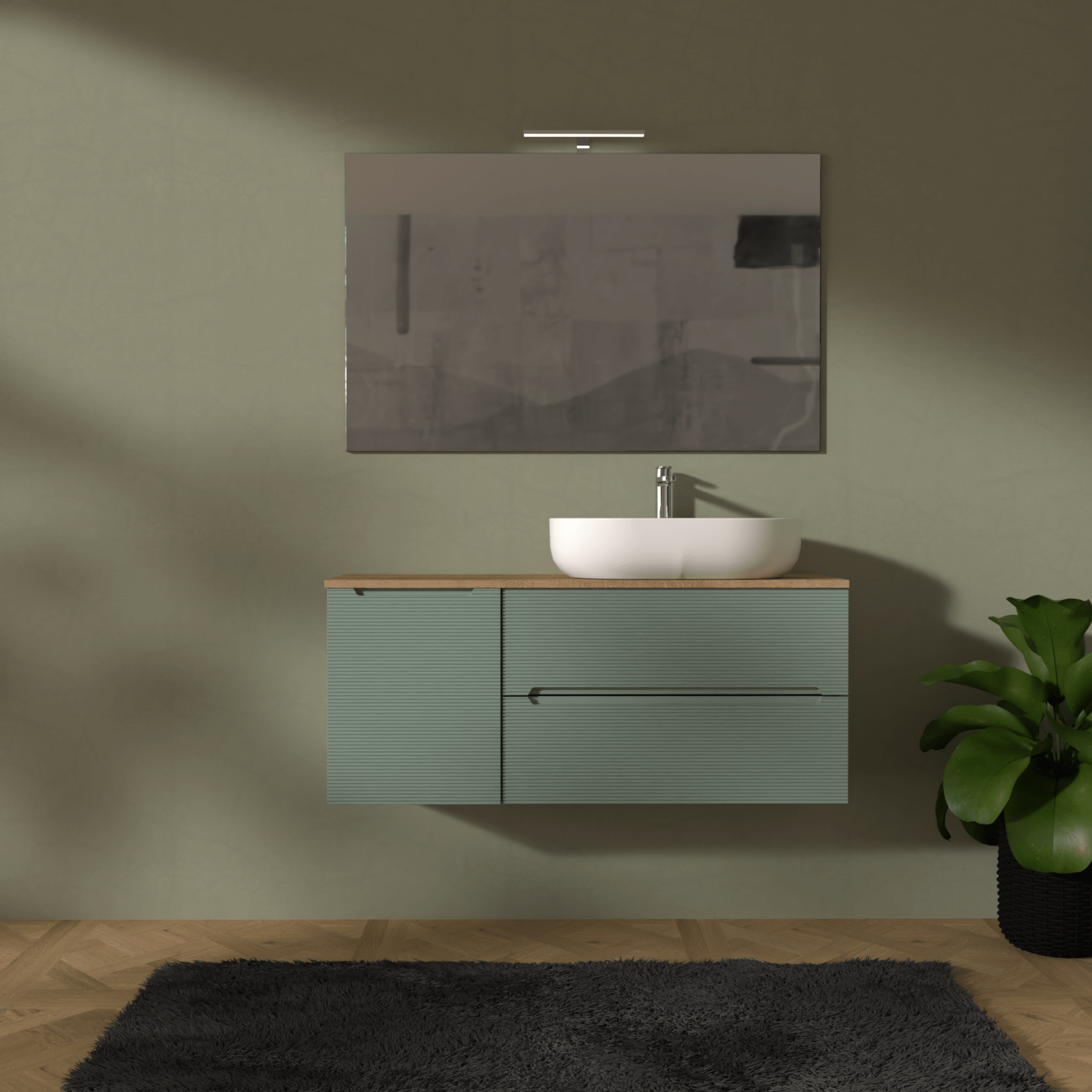 Mobile Bagno Sospeso Cannettato 120 Cm Due Cassetti Un'Anta e Top Specchio Con Lampada Led 70x120 Cm AdattoCasa "Rigo" Verde Salvia/Rovere Farnia