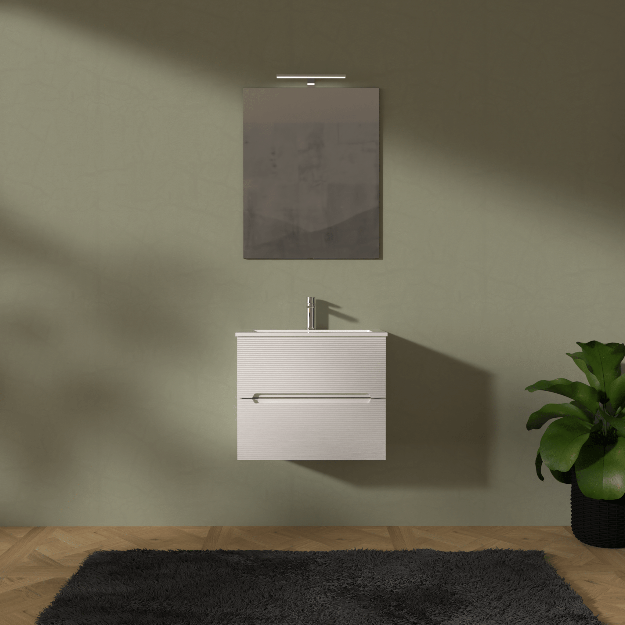 Mobile Bagno Sospeso Cannettato 60 Cm Due Cassetti Specchio Con Lampada Led 70x60 Cm AdattoCasa "Rigo" Bianco Neve