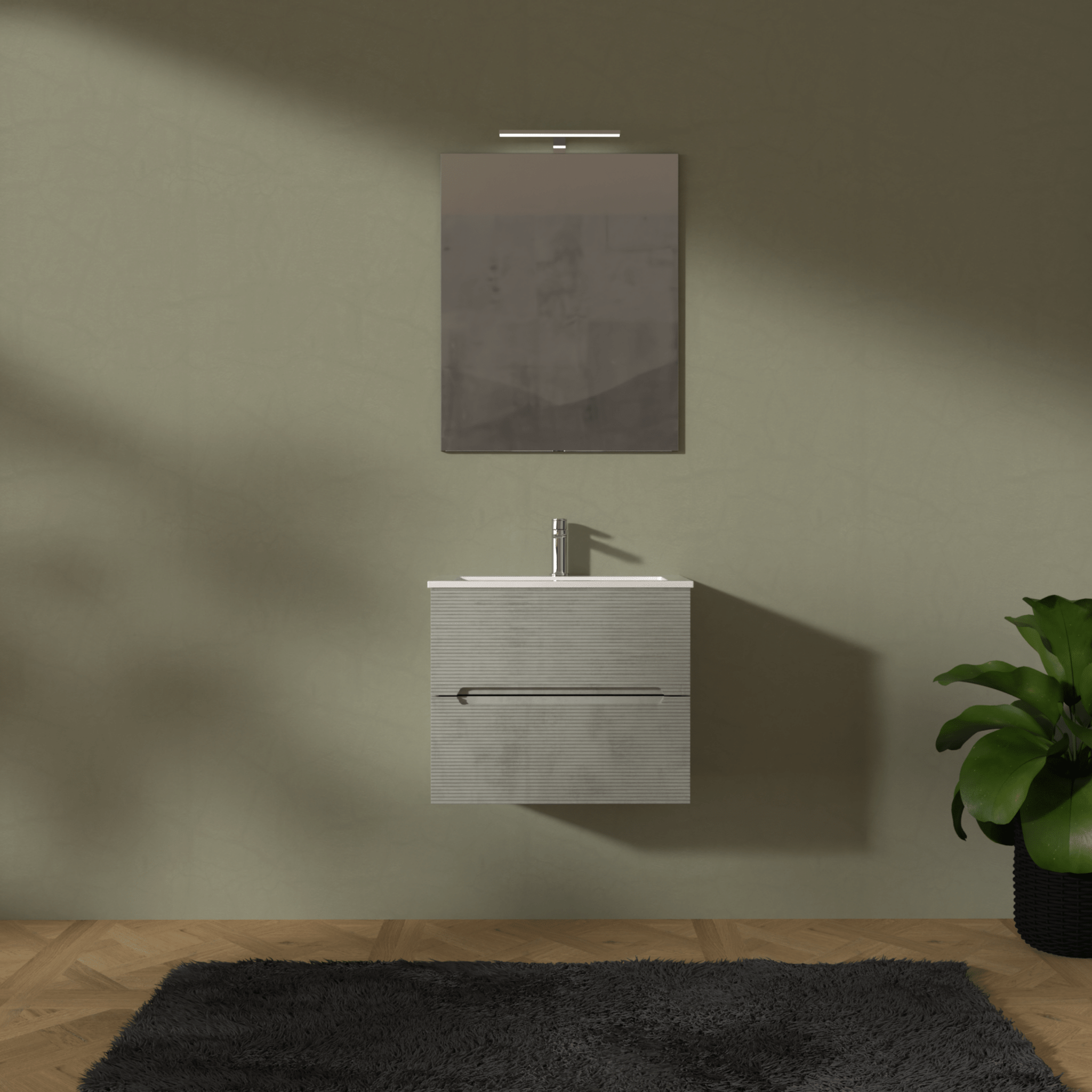 Mobile Bagno Sospeso Cannettato 60 Cm Due Cassetti Specchio Con Lampada Led 70x60 Cm AdattoCasa "Rigo" Grigio Caldo