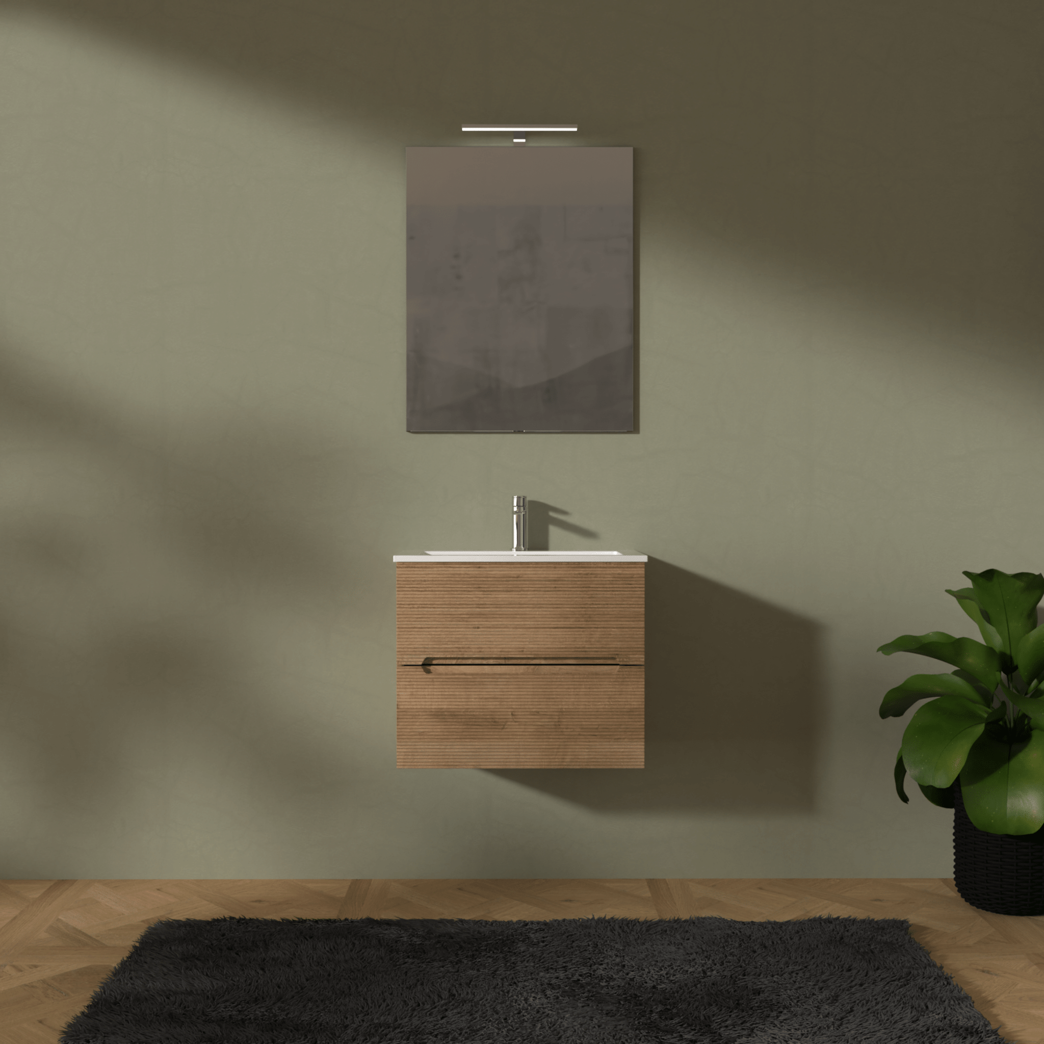 Mobile Bagno Sospeso Cannettato 60 Cm Due Cassetti Specchio Con Lampada Led 70x60 Cm AdattoCasa "Rigo" Rovere Farnia
