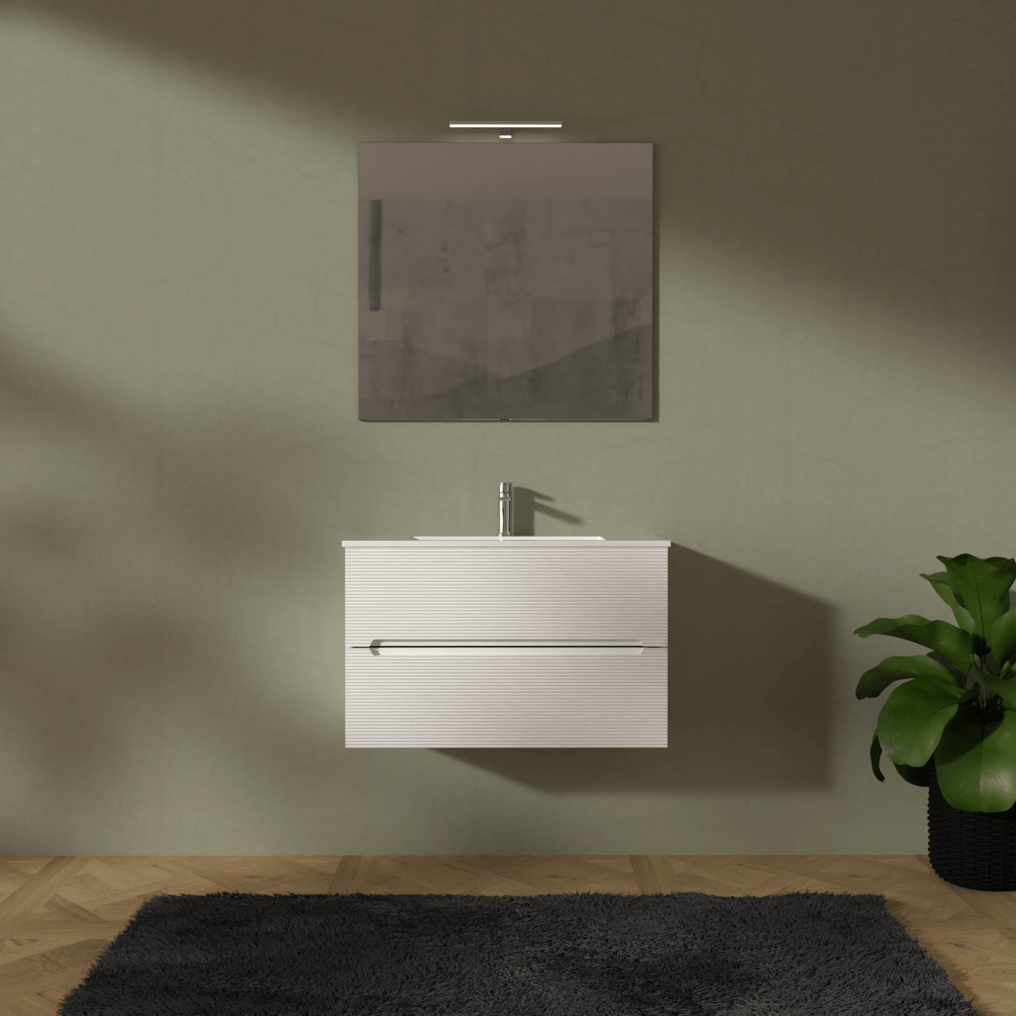 Mobile Bagno Sospeso Cannettato 80 Cm Due Cassetti Specchio Con Lampada Led 70x80 Cm AdattoCasa "Rigo" Bianco Neve