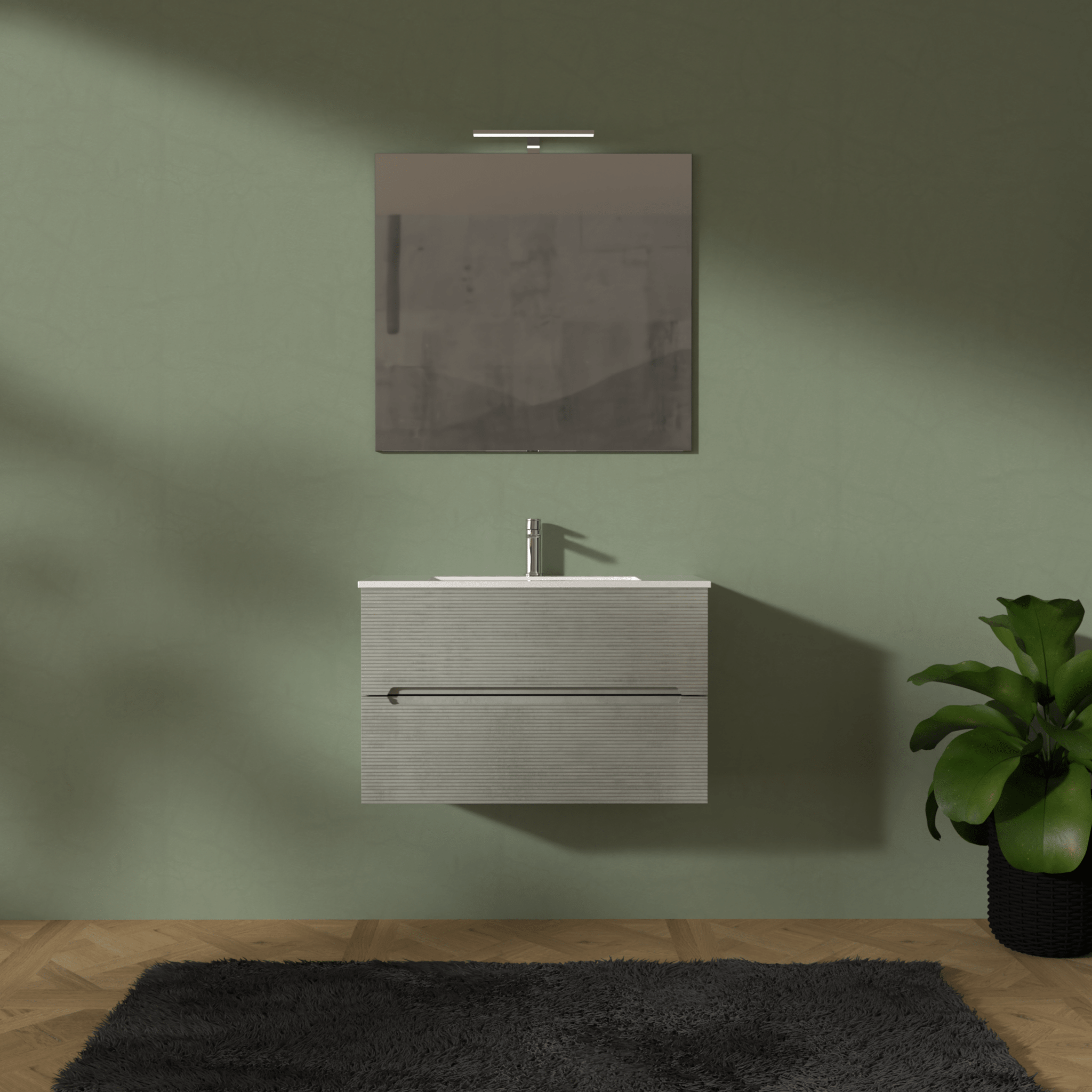 Mobile Bagno Sospeso Cannettato 80 Cm Due Cassetti Specchio Con Lampada Led 70x80 Cm AdattoCasa "Rigo" Grigio Caldo