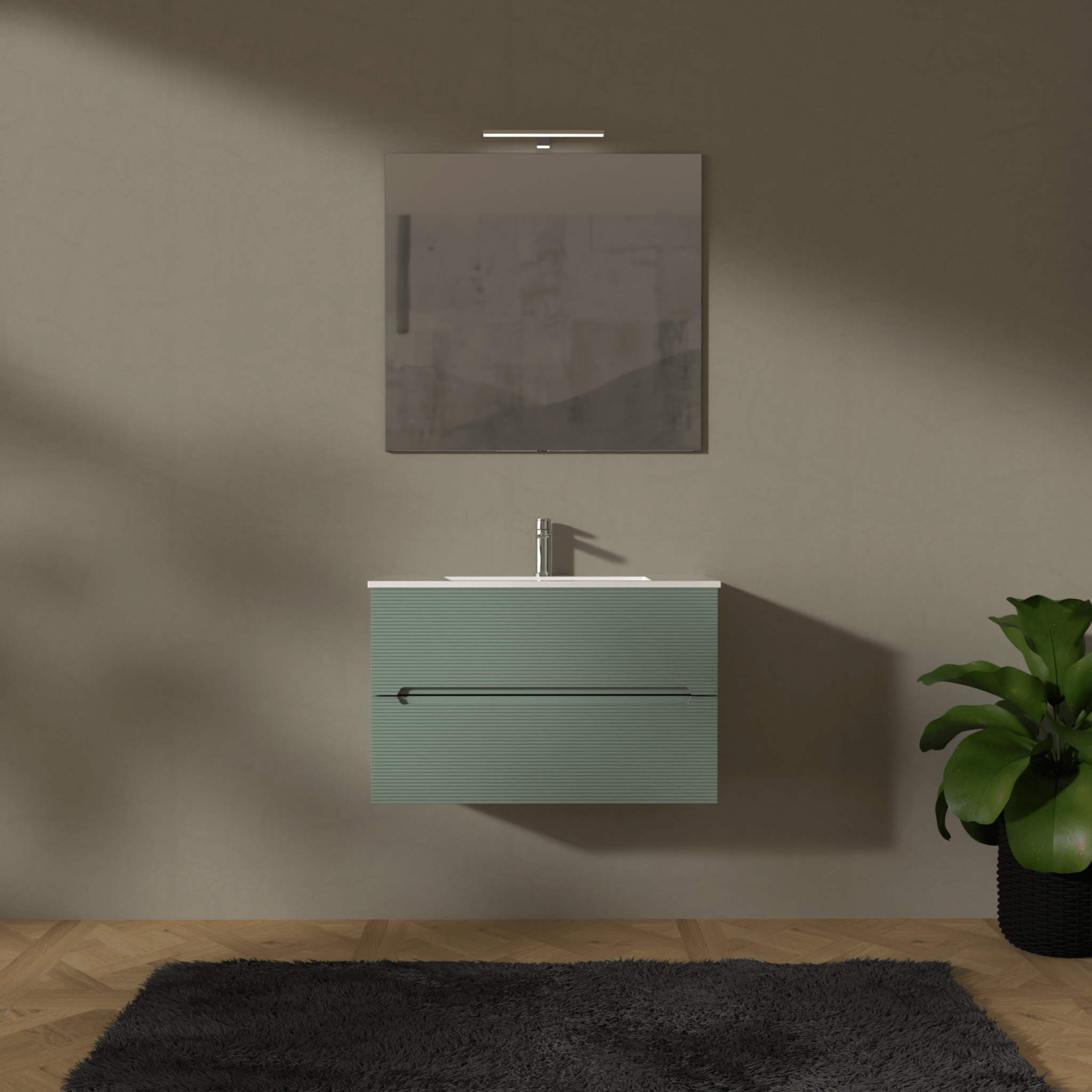 Mobile Bagno Sospeso Cannettato 80 Cm Due Cassetti Specchio Con Lampada Led 70x80 Cm AdattoCasa "Rigo" Verde Salvia
