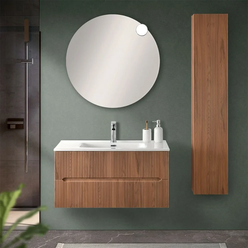 Mobile bagno sospeso cannettato 90 cm noce canaletto con specchio Bali