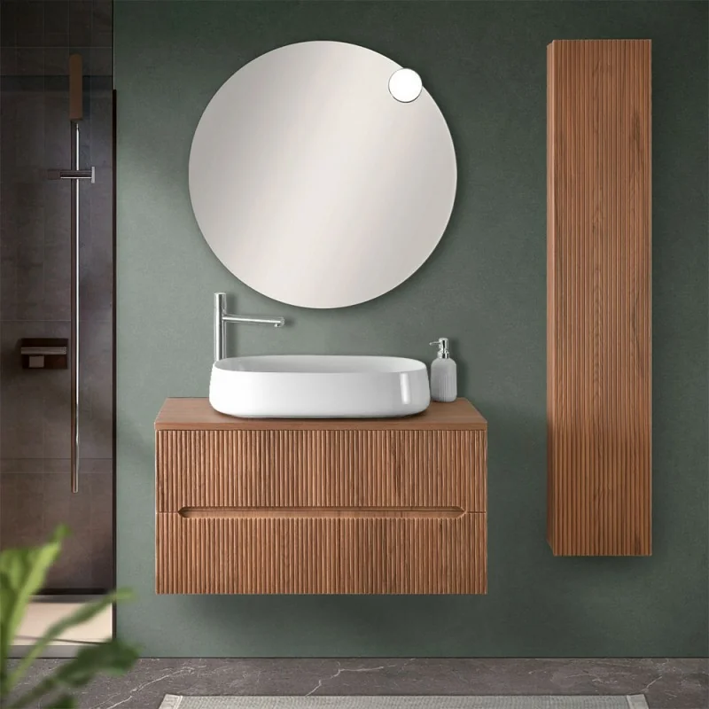 Mobile bagno sospeso cannettato 90 cm noce con top e specchio Bali