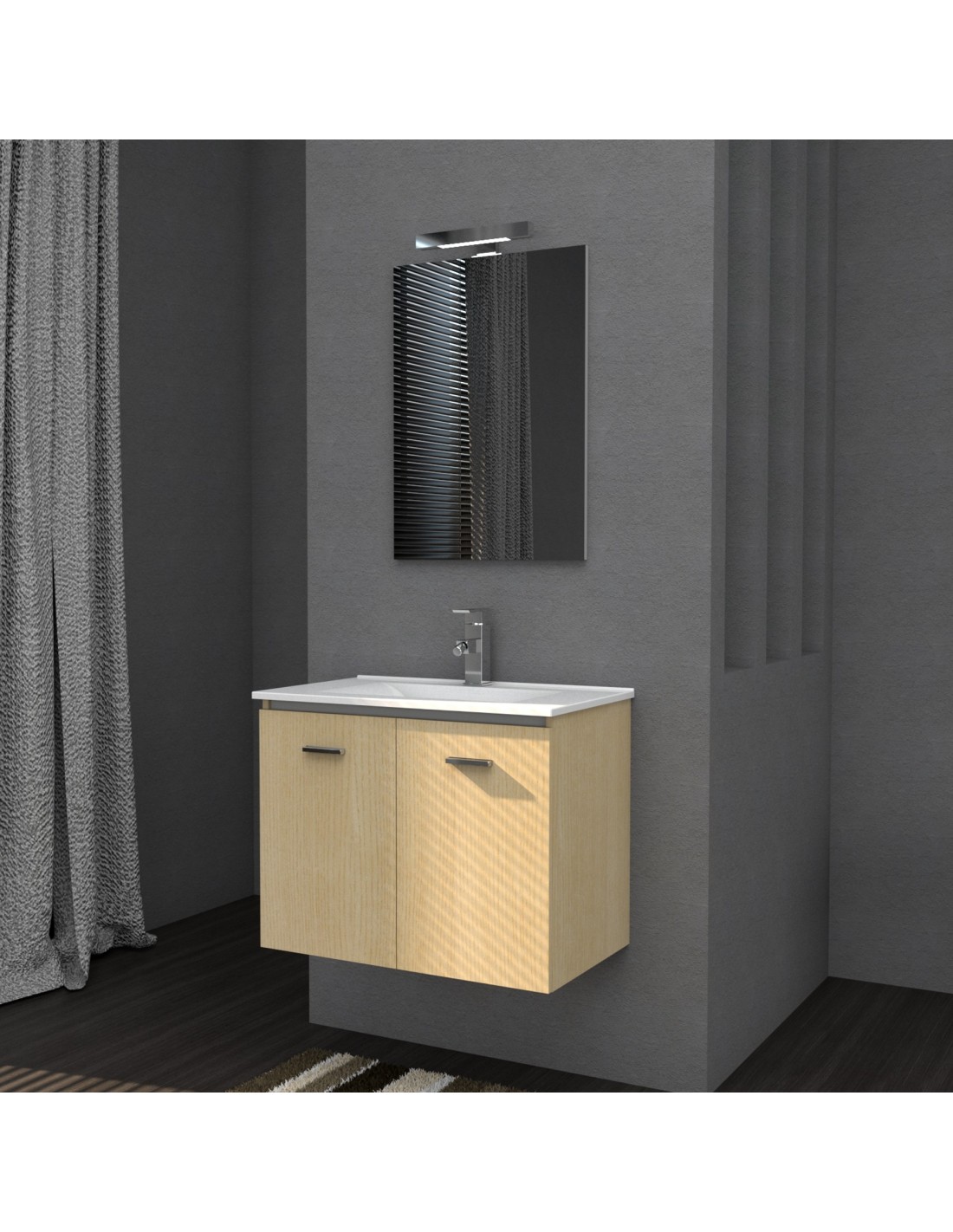 Mobile bagno sospeso FLY 76x46 finitura rovere, lavabo in ceramica