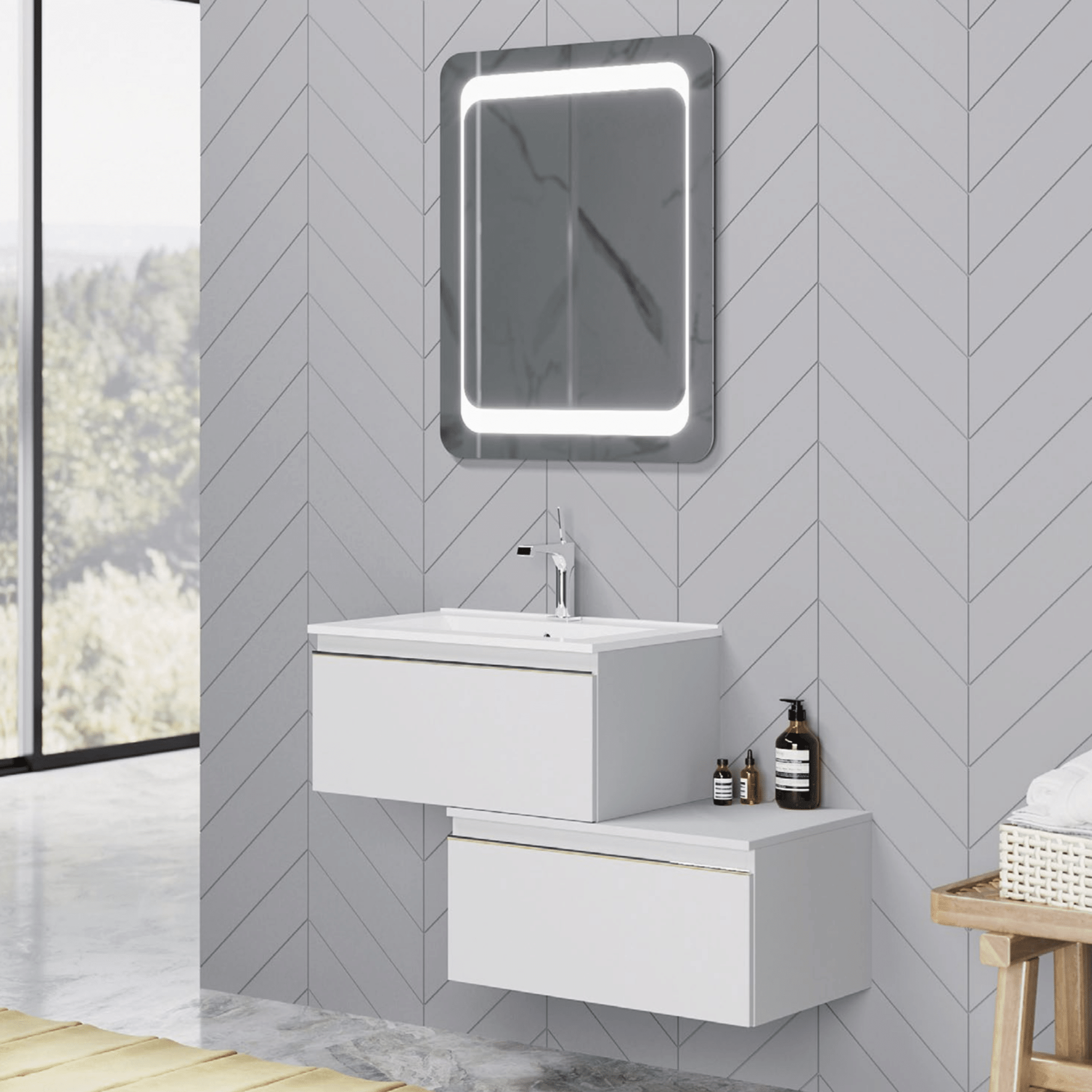 Mobile Bagno Sospeso Sfalsato 60 Cm Due Cassetti Specchio Con Illuminazione Led 80x60 Cm Savini Due "Albatros" Bianco Opaco