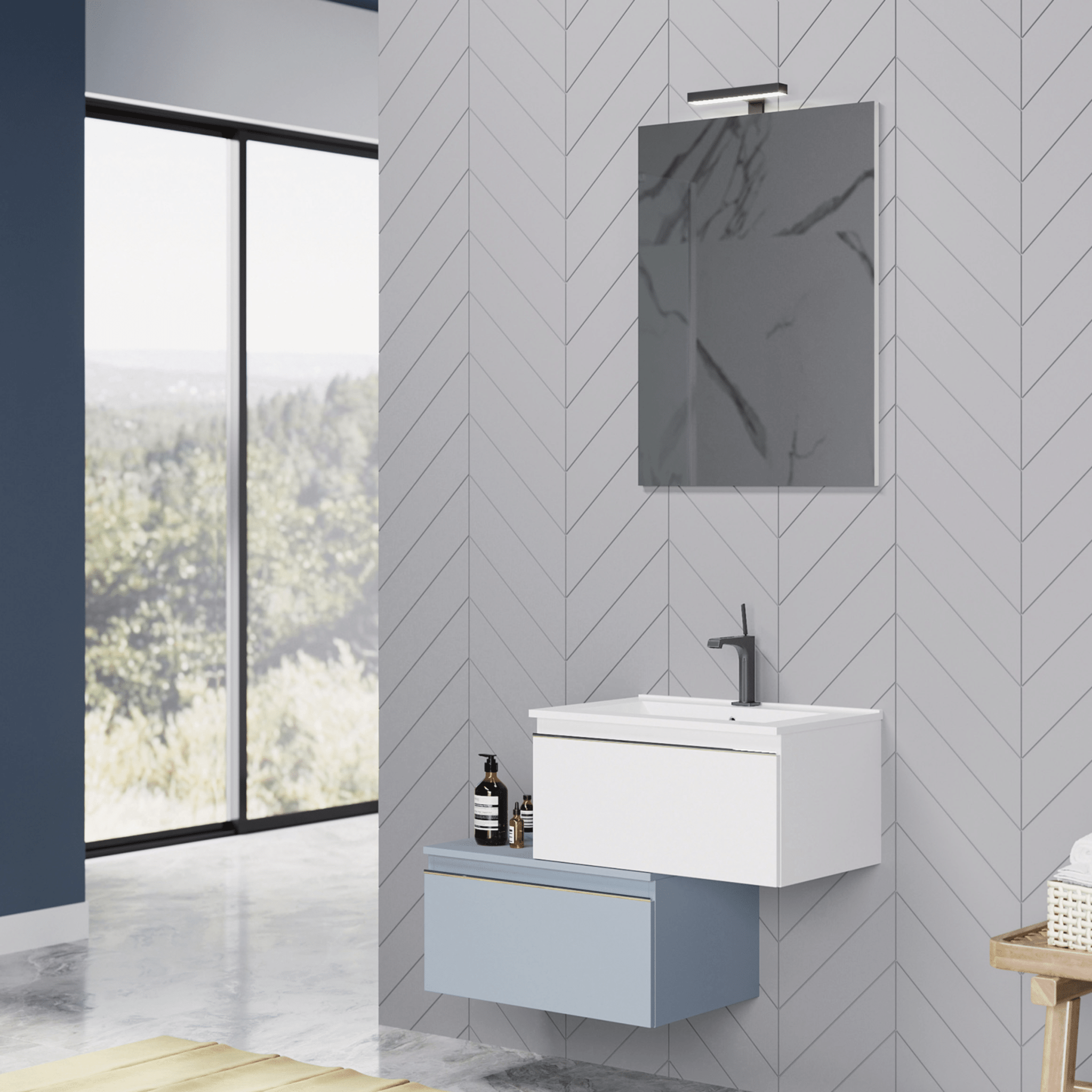 Mobile Bagno Sospeso Sfalsato 60 Cm Due Cassetti Specchio Con Lampada Led 80x60 Cm Savini Due "Albatros" Bianco Opaco/Blu Pastello