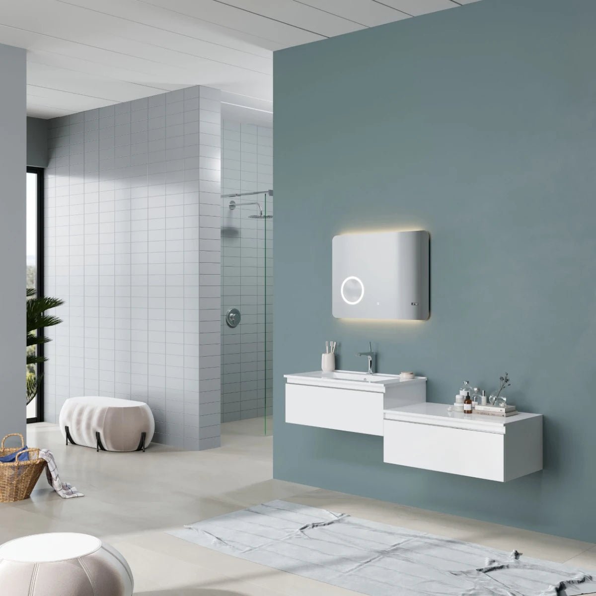 Mobile Bagno Sospeso Sfalsato 80 Cm Due Cassetti Specchio Con Illuminazione Led 80x60 Cm Savini Due "Albatros" Bianco Opaco