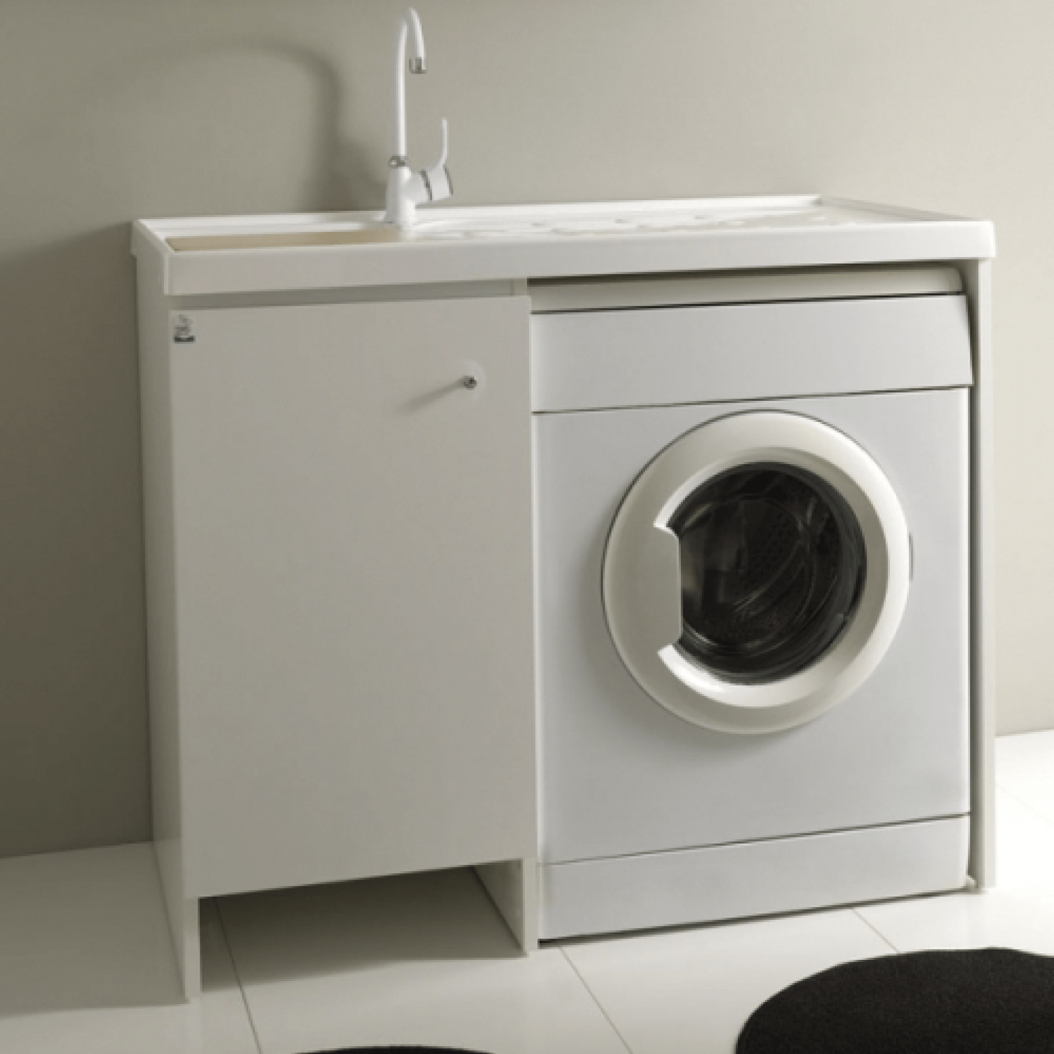 Mobile Per Lavatrice 107x60 Cm Un'Anta Con Vasca e Tavoletta In Polipropilene Vano a Destra Xilon "Lavanderina" Bianco Opaco
