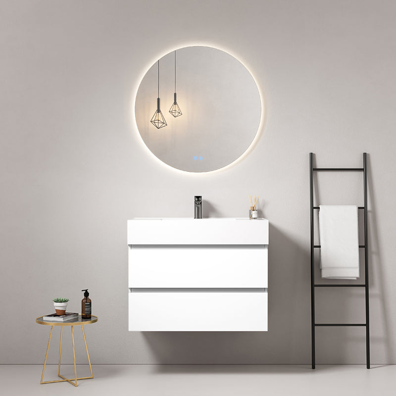 Mobile bagno sospeso 80 cm Bianco Lavabo in Resina Specchio Tondo Retroilluminato - Fiji Paint
