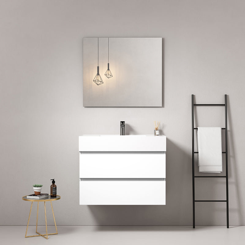 Mobile bagno sospeso 80 cm Bianco Lavabo in Resina Specchio Quadro - Fiji Paint