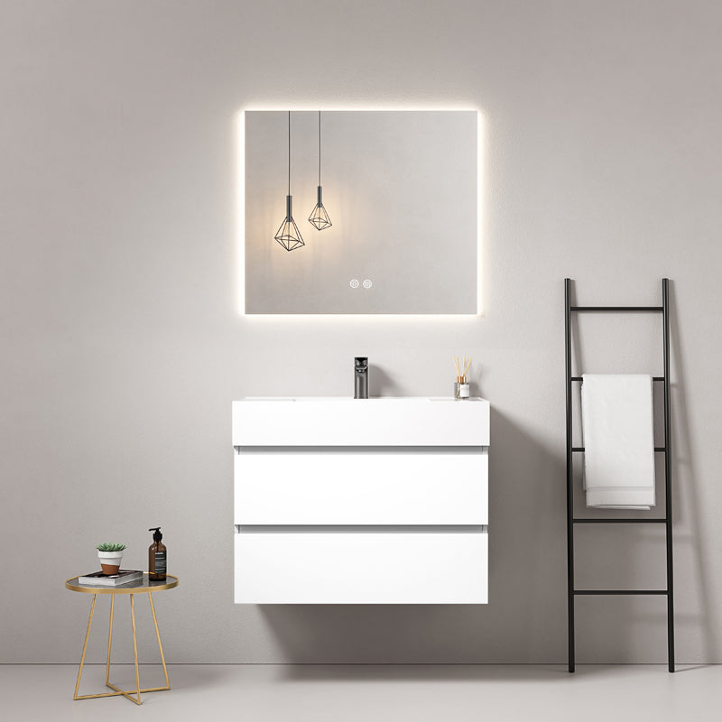 Mobile bagno sospeso 80 cm Bianco Lavabo in Resina Specchio Quadro Retroilluminato - Fiji Paint