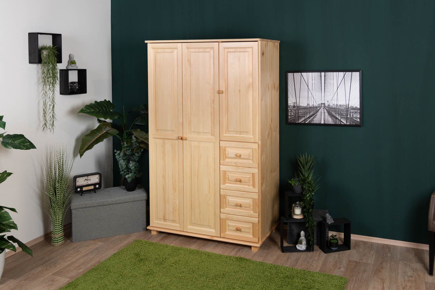 Armadio "018", pino massiccio, finitura naturale - 190 x 133 x 60 cm (h x l x p)