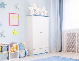 Armadio "003", pino massiccio, laccato bianco/blu - 182 x 80 x 60 cm (h x l x p)