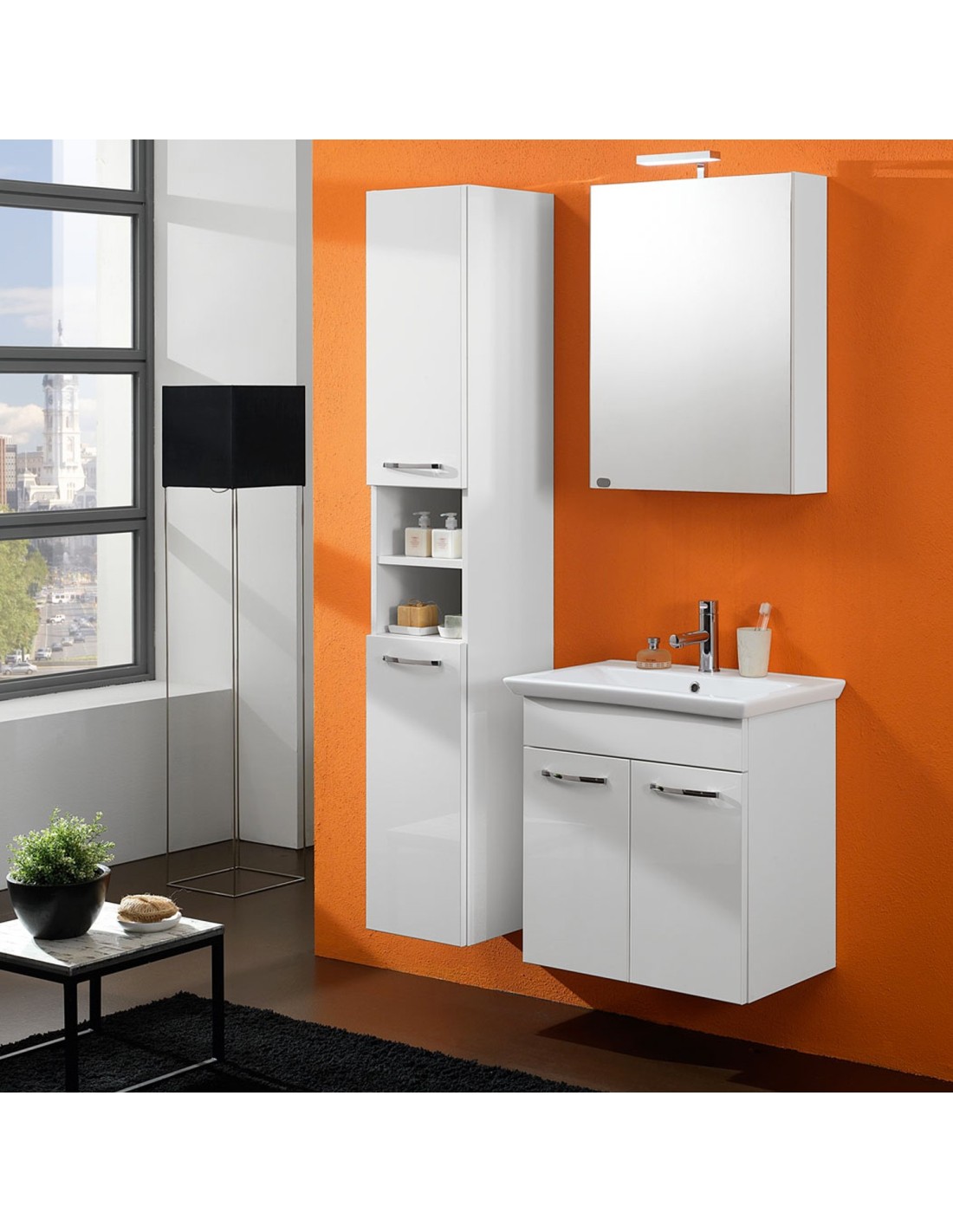 Nora mobile da bagno sospeso cm L.95 - H. 195 - P.40 finitura bianco lucido, olmo o rovere scuro